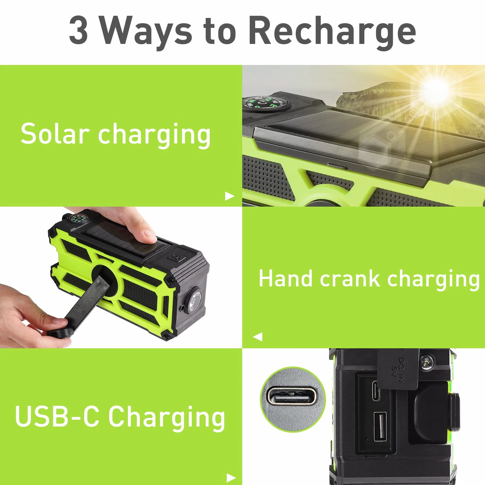 Raddy SW5 Przenośne radio solarne AM/FM IPX5 5000 mAh z korbą i latarką