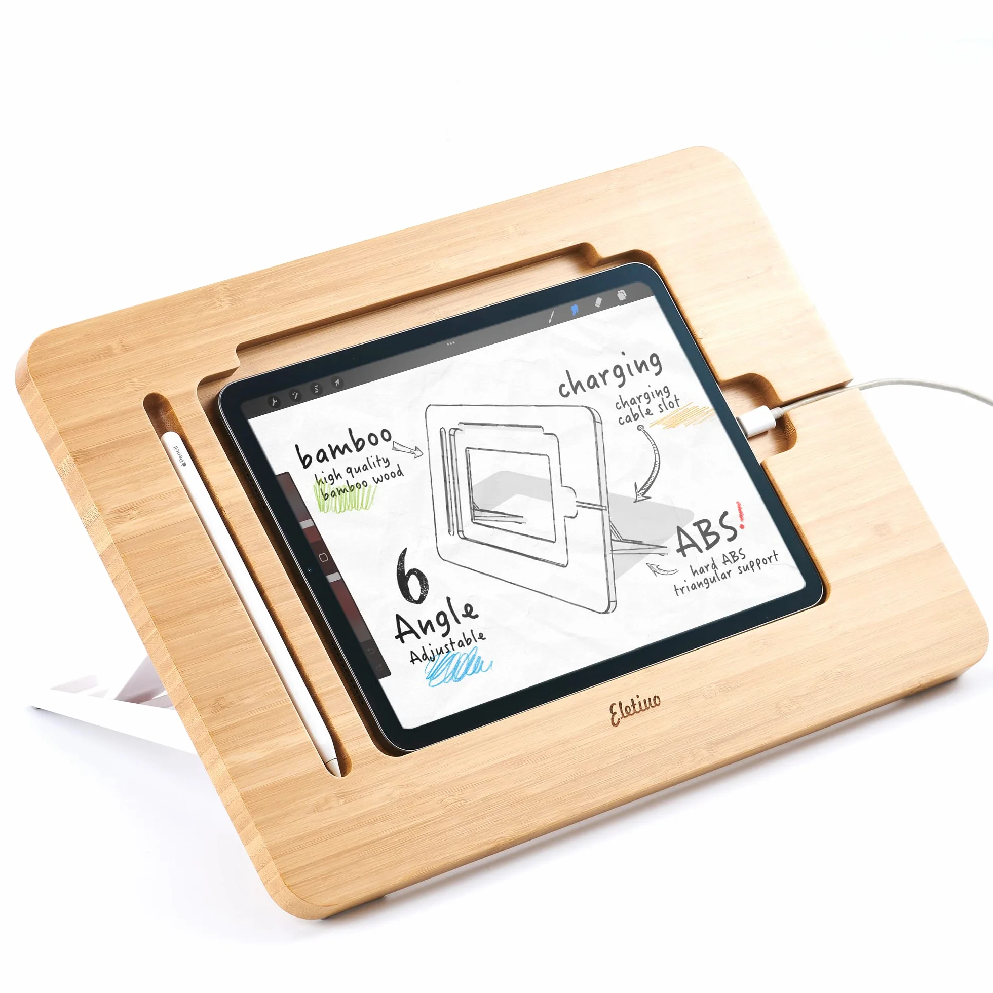ELETIUO Ulepszony bambusowy drewniany uchwyt na iPada z gniazdem na ołówek i ładowarkę, regulowany pulpit na tablet, składany przenośny stojak, kompatybilny z iPadem Pro 32.8 cm / 4. / 5. generacji