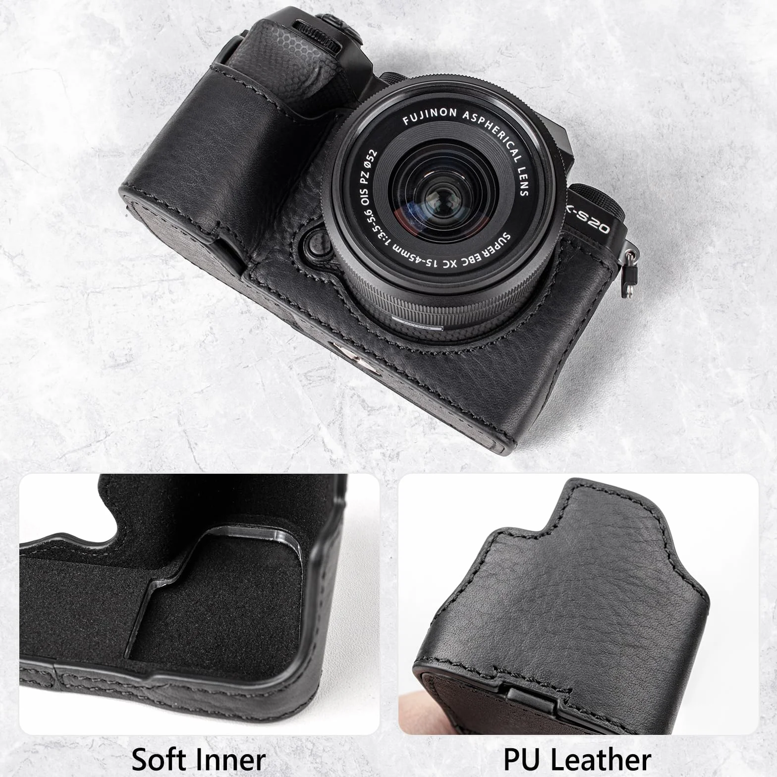 MUZIRI KINOKOO Etui Fuji XS20, etui na aparat z prawdziwej skóry w stylu retro - uchwyt ręczny, mocowanie statywu, czarne