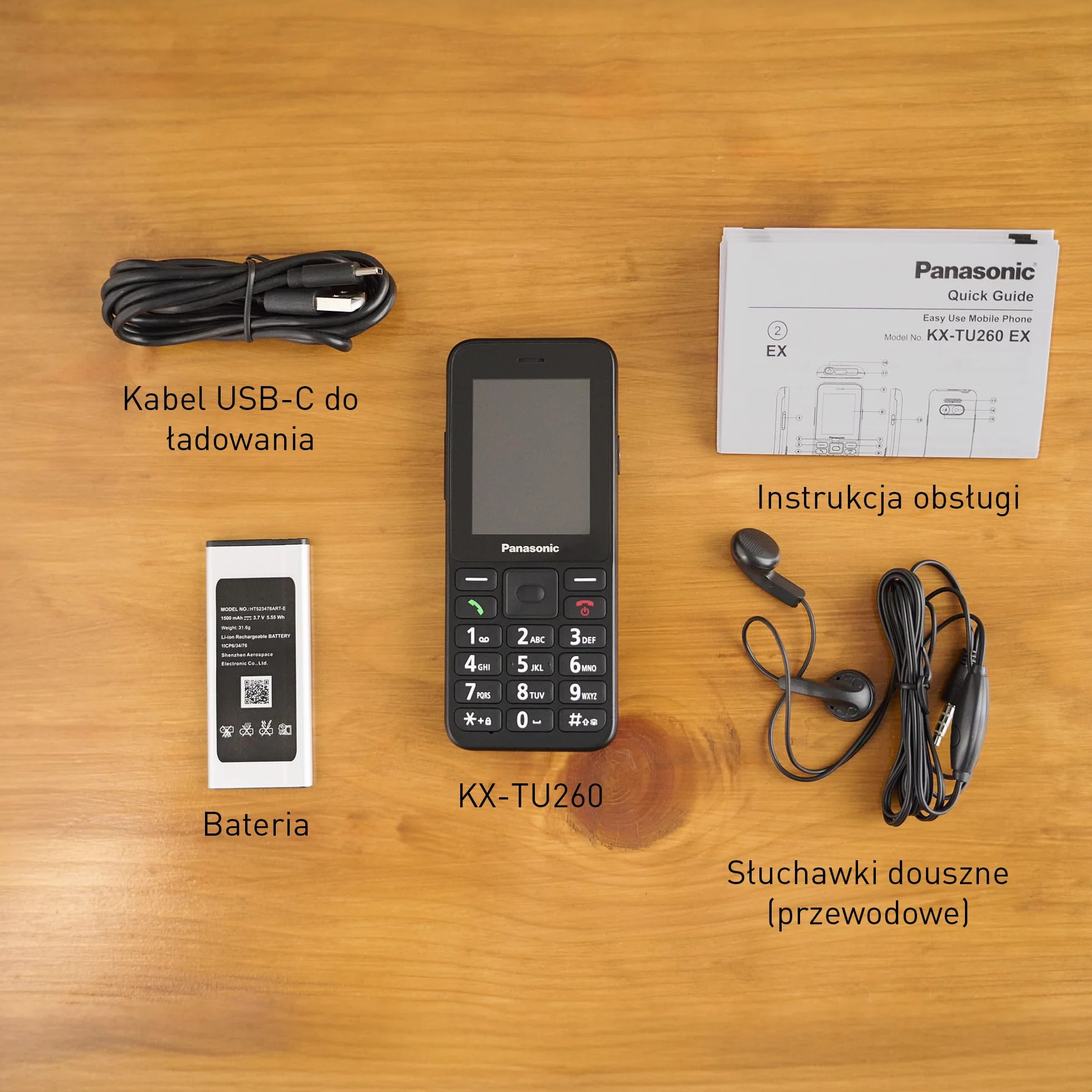 Panasonic KX-TU260EXB Telefon komórkowy 4G duże przyciski IP44 USB C czas rozmowy 7,5h ekran 2,4 cala czarny