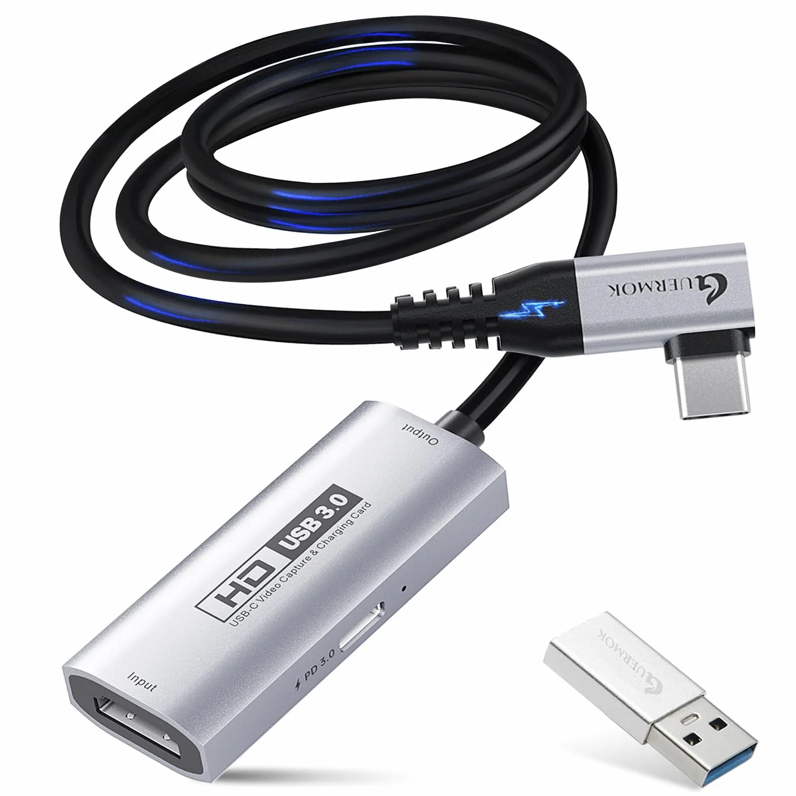 Guermok Karta Przechwytująca USB3.0 do Streamingu, Adapter USBC/Typ C 90° i PD 100W, 3,3ft 2K@30FPS HDMI na USB A/C dla /Quest3/Pad/MacOS/Switch/PS5/4
