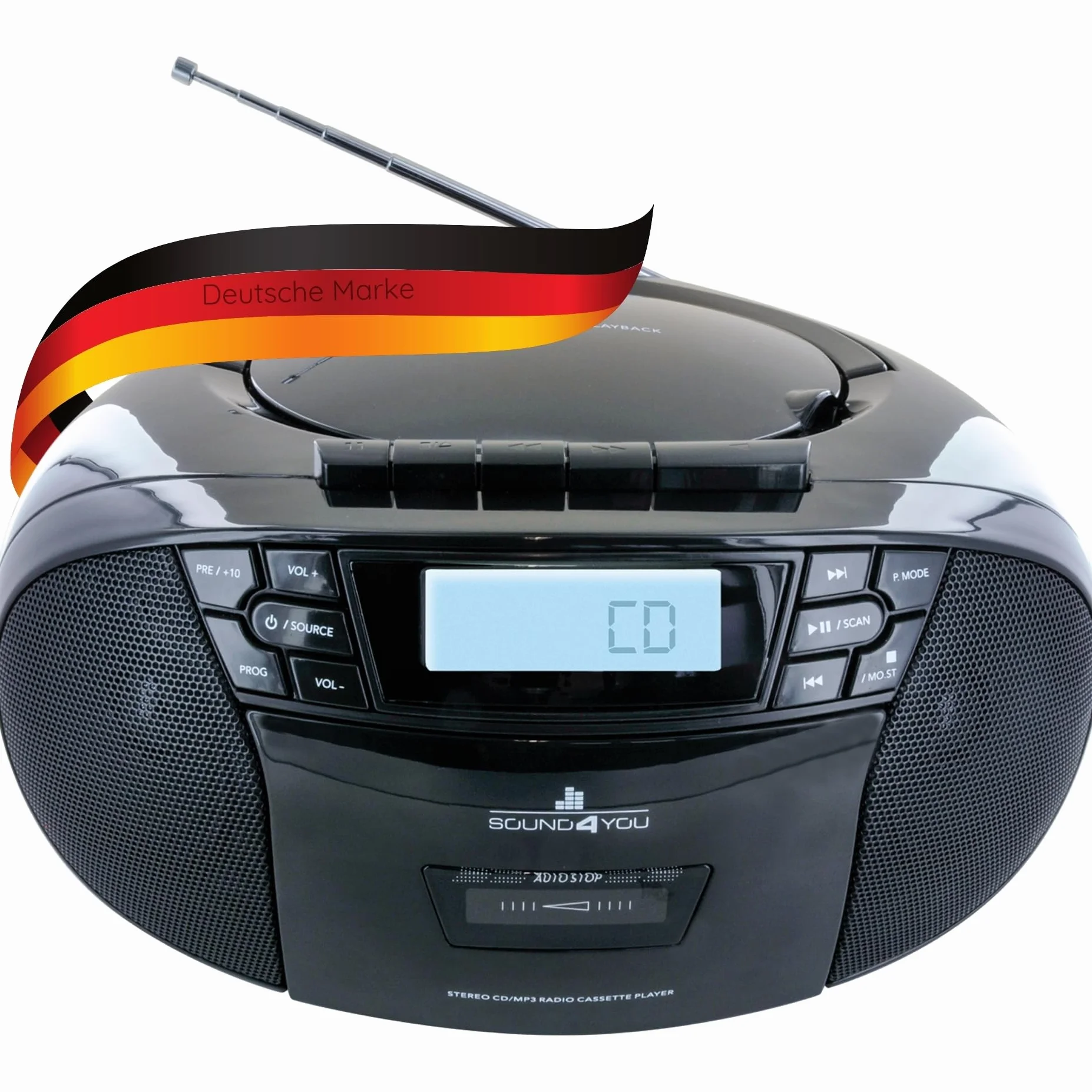 SCHWAIGER -658026- Przenośny odtwarzacz CD z kasetami i radiem | MP3 | Złącze USB | Radio FM | Słuchawki AUX | Boombox | Stereo | do domu i w podróży | Zasilanie sieciowe i akumulatorowe | Wyświetlacz