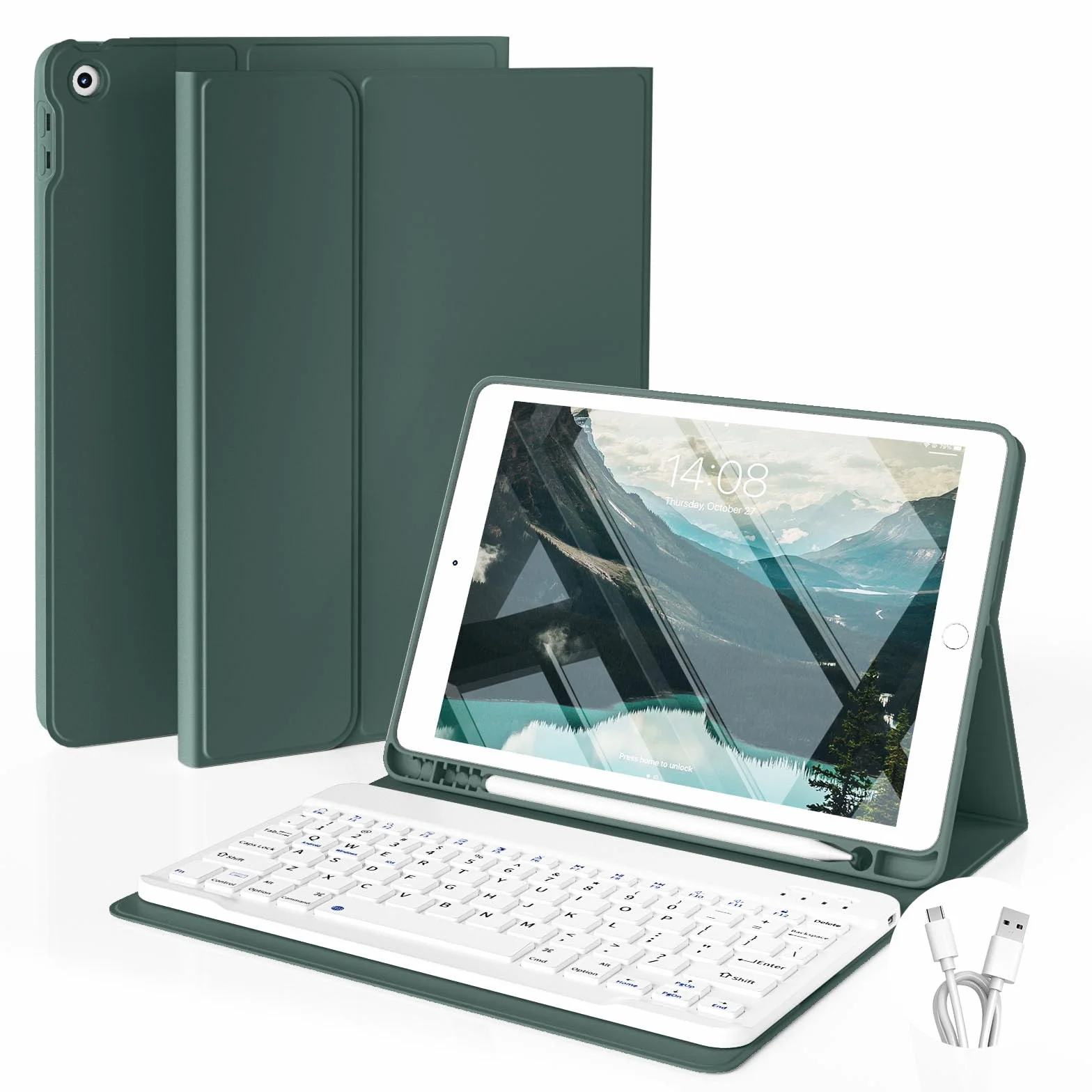 JKSML Etui na Klawiaturę do iPad 9./8./7. Generacji (2021/2020/2019) z Uchwytem na Rysik, Miękkie Etui Ochronne z Termoplastycznego Poliuretanu (TPU) Ciemnozielony