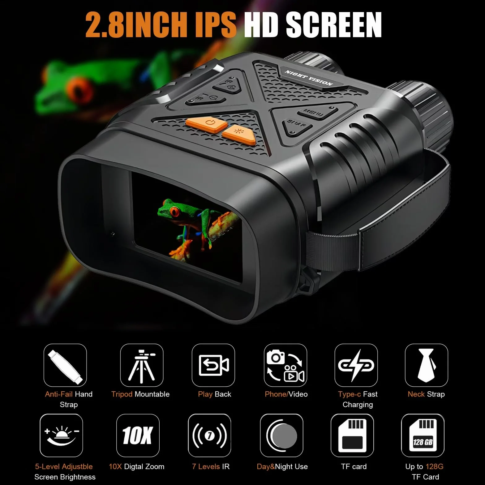 Lornetka noktowizyjna, 10-krotny zoom cyfrowy, zasięg widzenia 800 m, ekran TFT LCD 2,8", wodoodporny IP65, do obserwacji ptaków, na kemping, polowanie