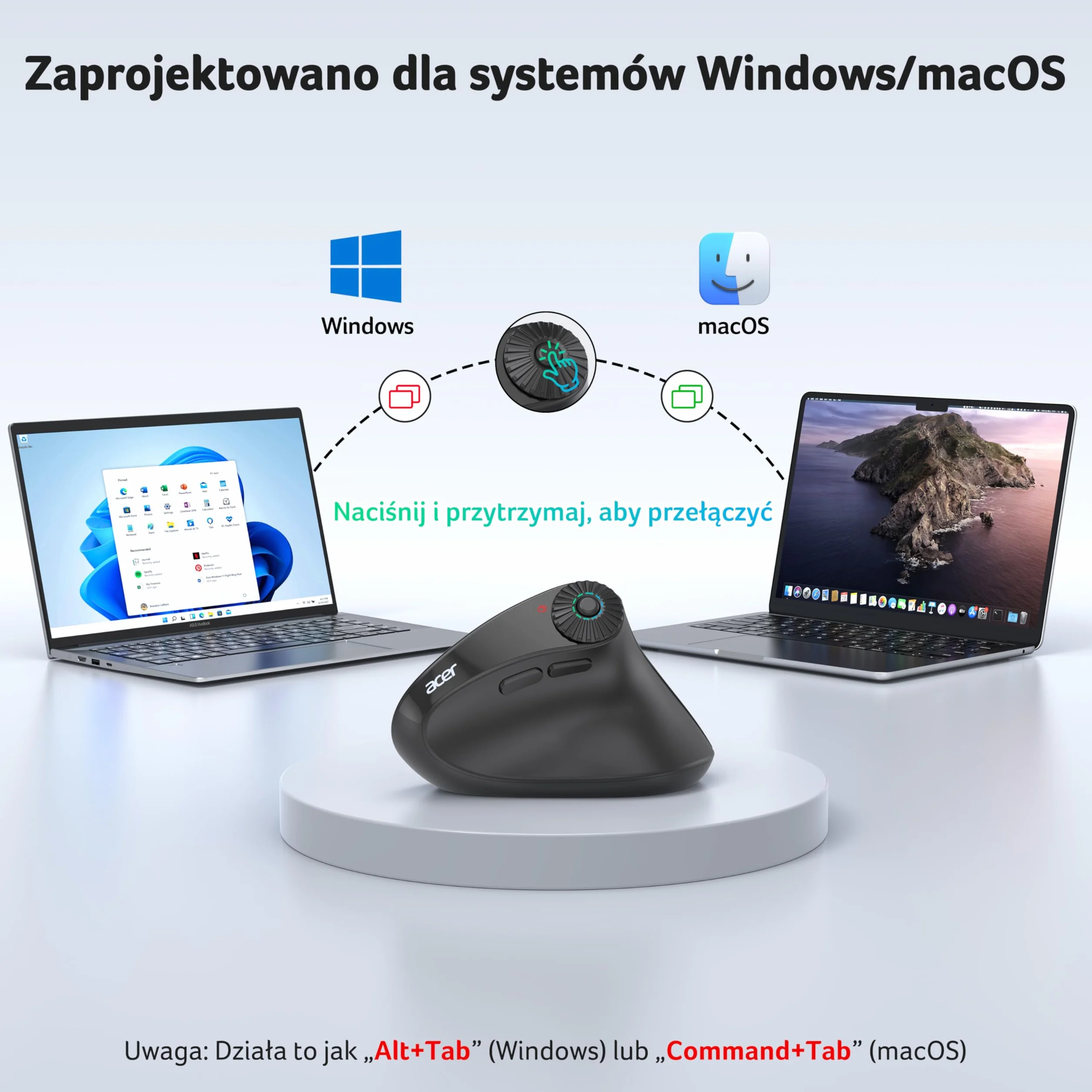 Acer Bezprzewodowa mysz ergonomiczna z bocznym kółkiem przewijania, 4000 DPI mysz Bluetooth do laptopa (BT5.2+2.4GHz), pionowa mysz, dla prawej ręki, 8 przycisków, odbiornik USB do PC, komputerów