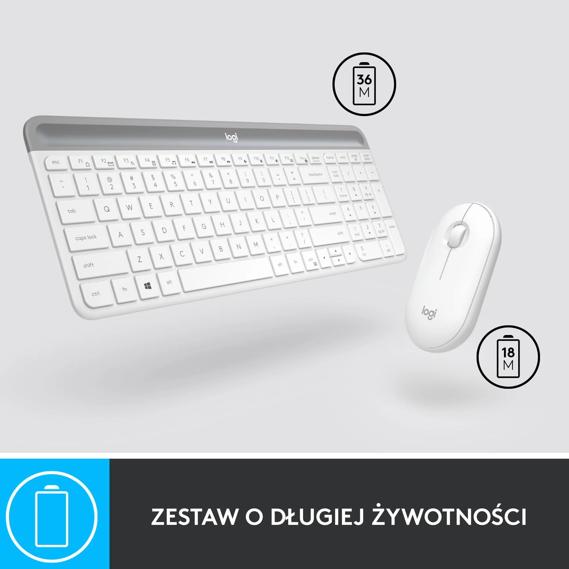 Logitech MK470 Smukła klawiatura i mysz bezprzewodowa, bardzo cicha, odbiornik USB 2,4 GHz, QWERTY US Intl - Biały