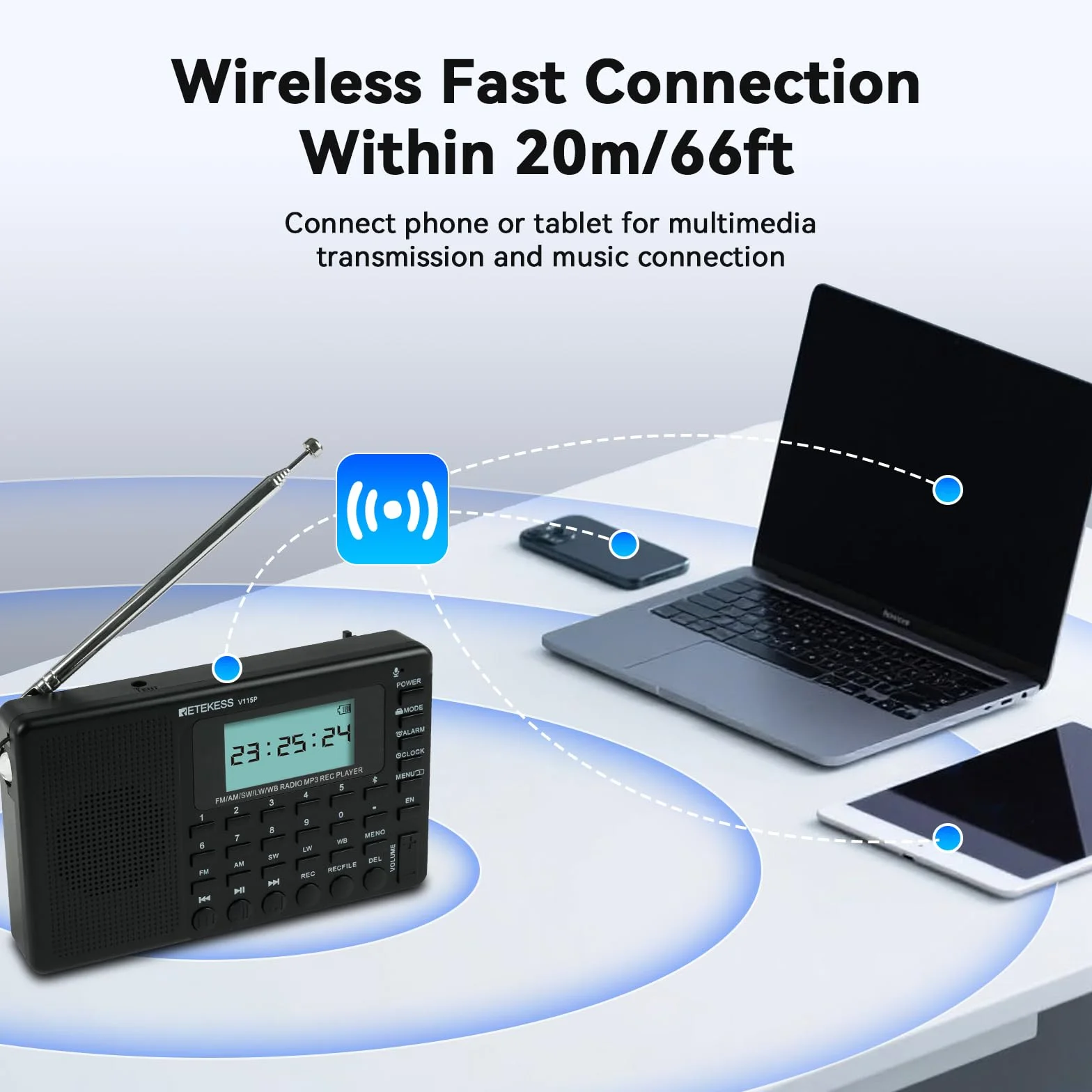 Retekess V115P Przenośne Radio, AM FM SW, akumulator 1800 mAh, wejście TF/AUX, nagrywanie, latarka, timer uśpienia, budzik, odpowiednie na wypadek sytuacji awaryjnych, na kemping