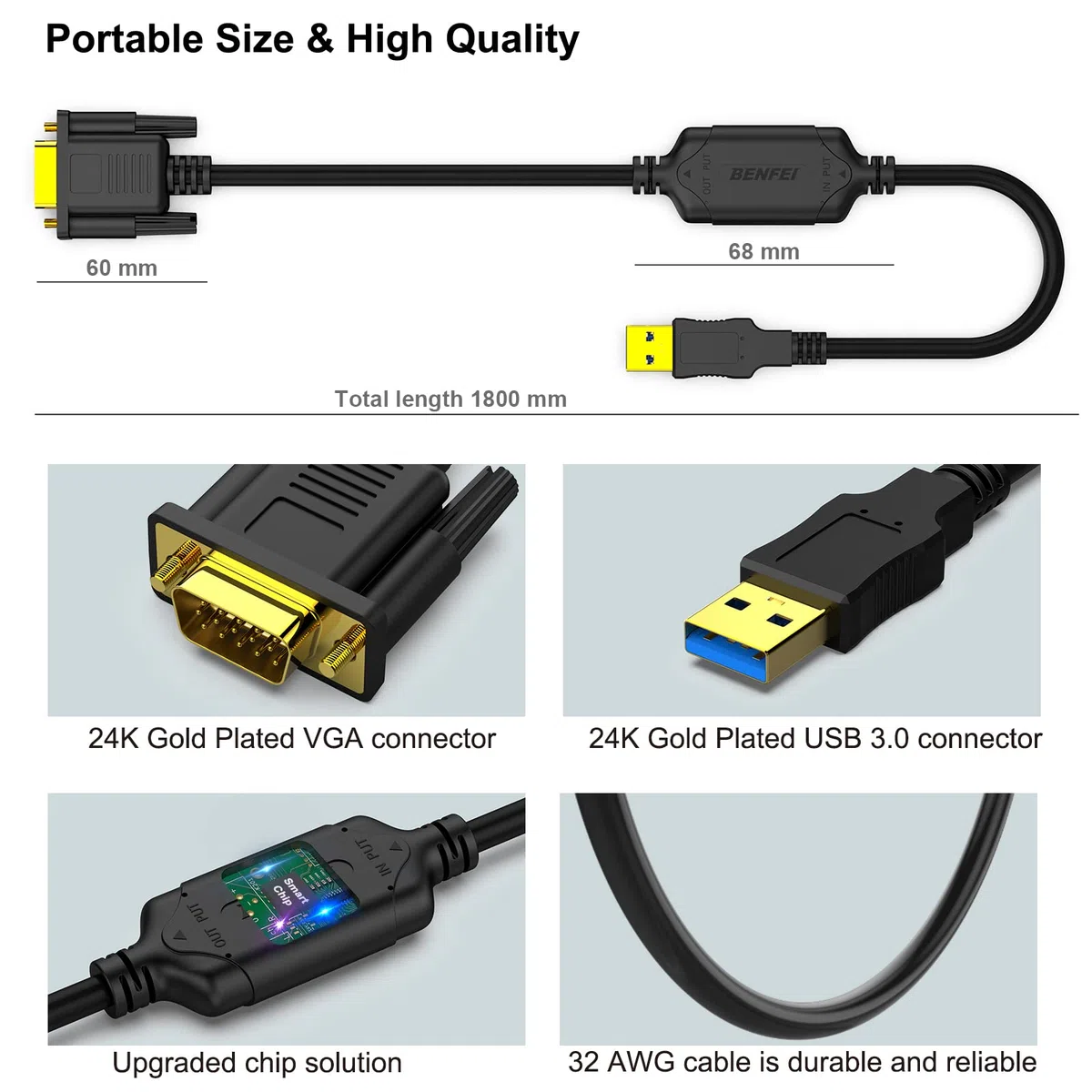 BENFEI Kabel USB 3.0 do VGA 1,8 m męski na męski, do Windows 11, Windows 10, Windows 8.1, Windows 8, Windows 7 (nie dla Mac)