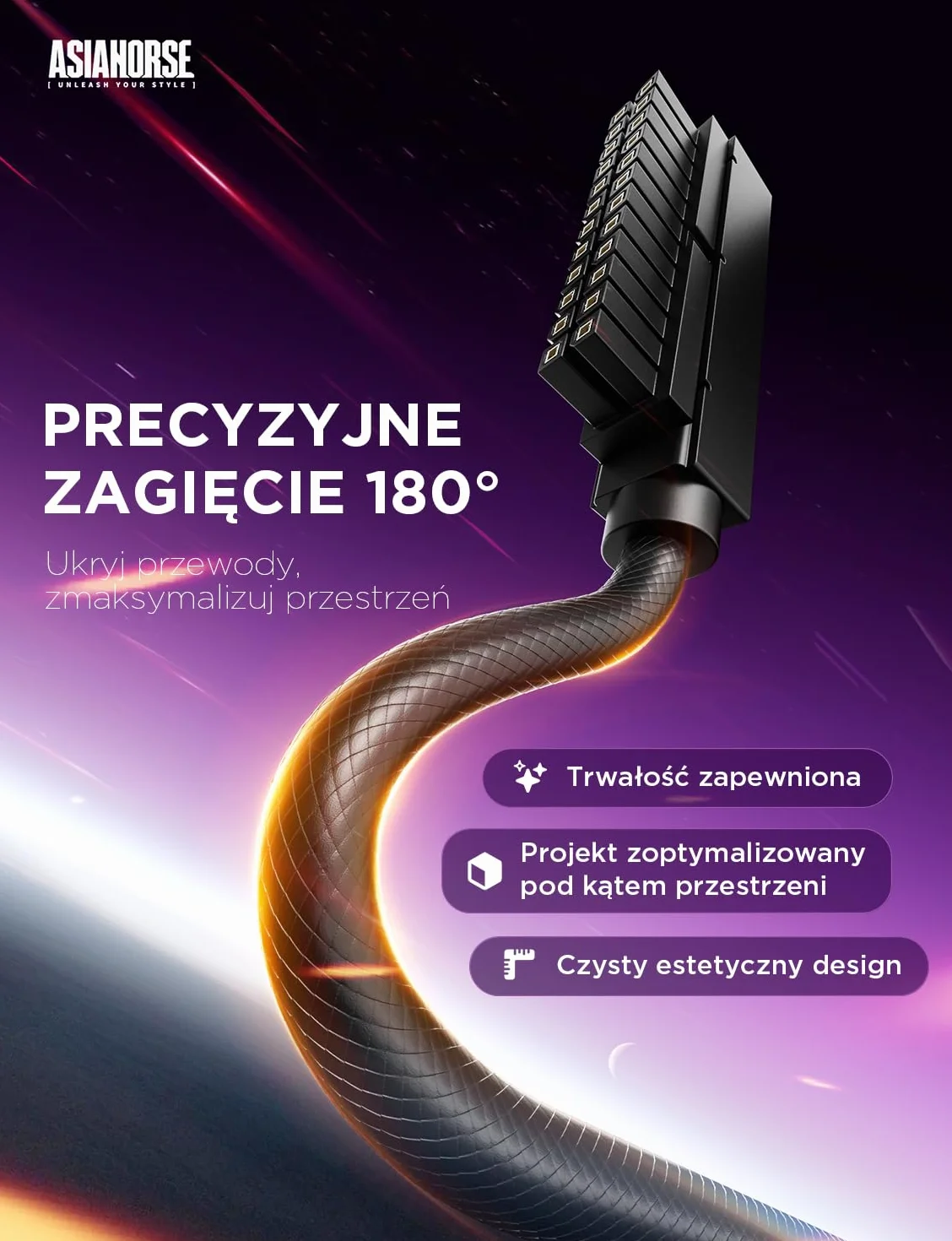 AsiaHorse Hydrus 24-pinowy przedłużacz kabla PSU R, PC 24-pinowy kabel Sleeved Cable do 24 pin ATX [18AWG] zasilacz Cable Extensions, 5 V 3-pinowy ARGB SYNC HYDRUS-24PIN-BLACK-L-30CM