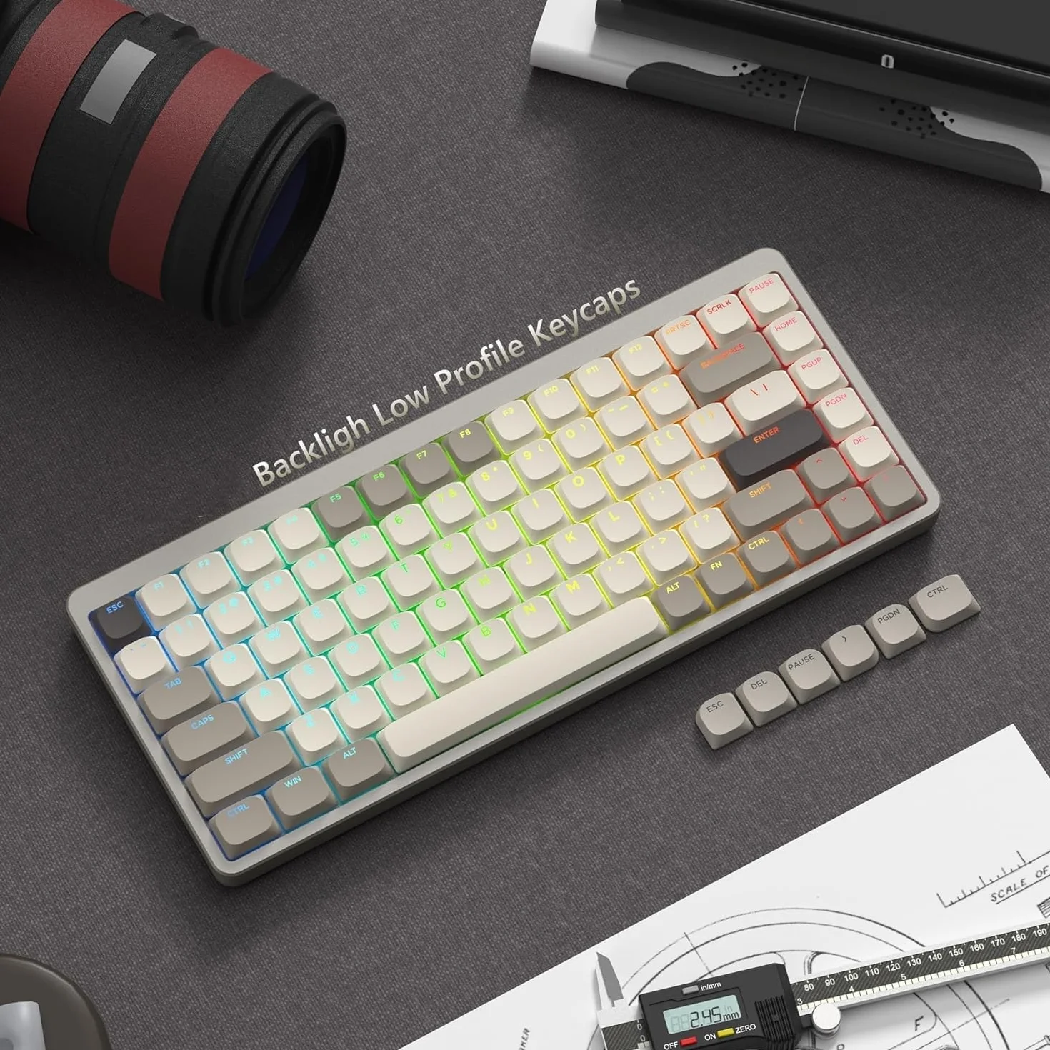 Low Profile Keycaps 143, PBT nakładki na klawisze Shine Through, klawisze do ANSI US 60% 65% 75% 80% 100% Cherry Gateron MX przełącznik klawiatura mechaniczna, khaki szary (nie obsługuje ISO)