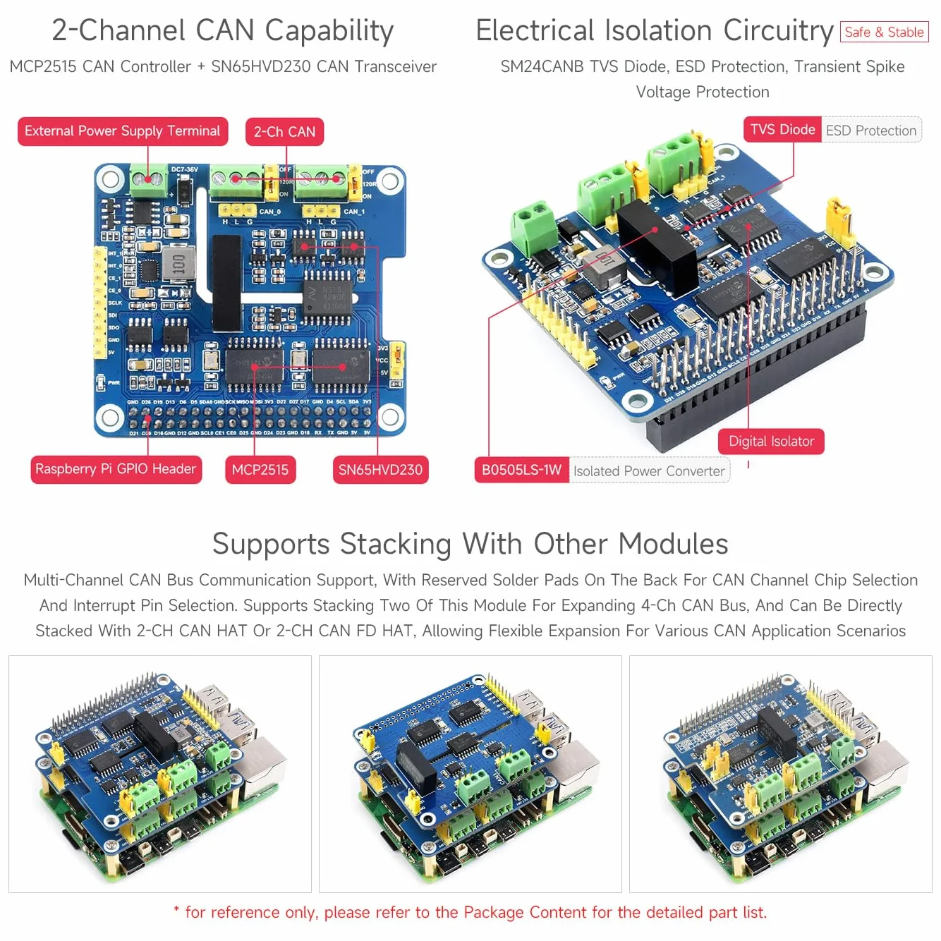 Waveshare 2-Channel Isolated CAN Bus Expansion HAT+ for Raspberry Pi, 7-36V Wide Input, Dual Chips, Stackable