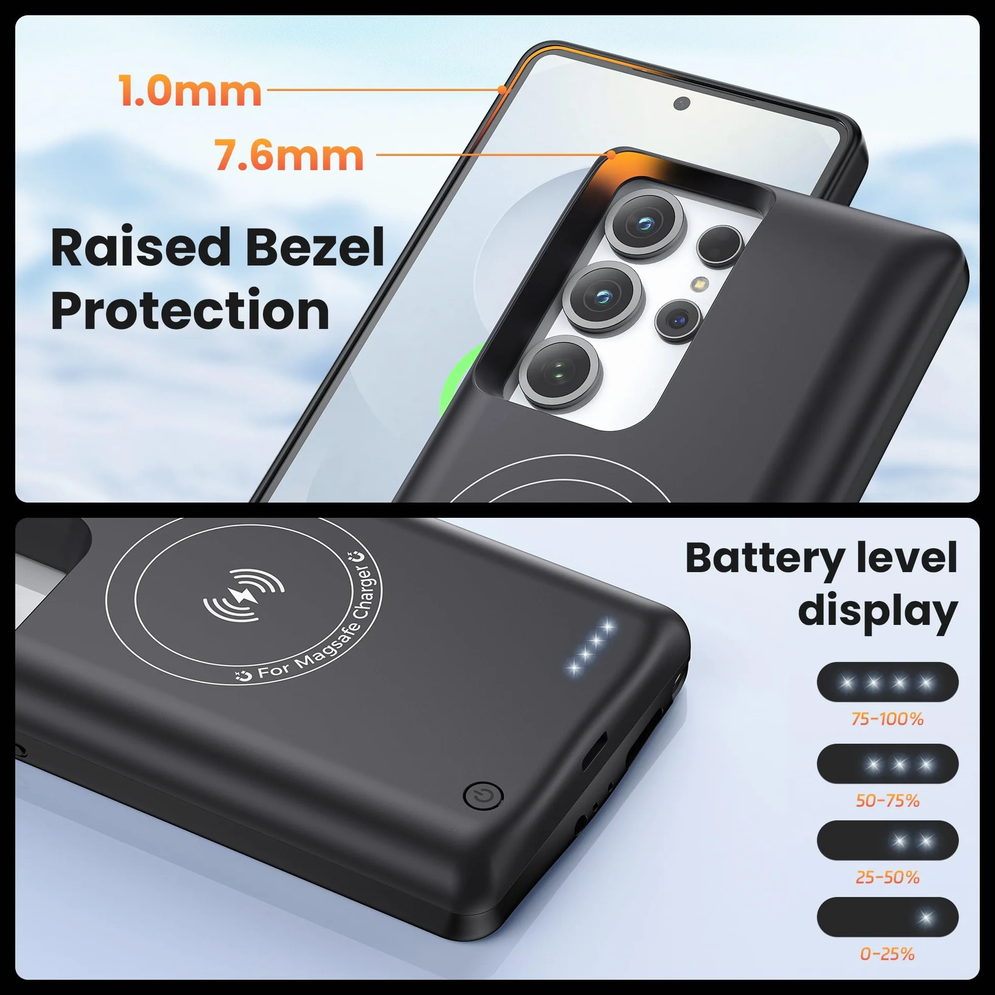 Etui na baterie do Samsung S23 Ultra/S22 Ultra, prawdziwe etui na baterie 10000 mAh - Inteligentne bezprzewodowe etui do ładowania, przenośne obudowy zasilania, zewnętrzna bateria do ładowania Power