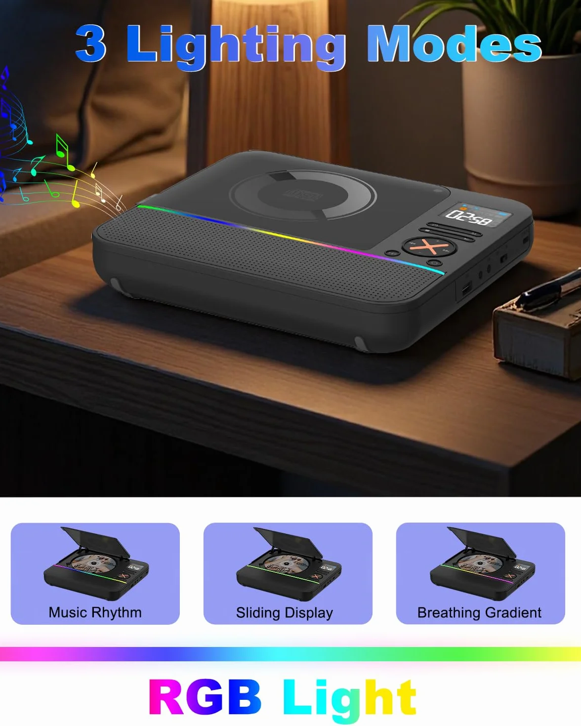 Przenośny odtwarzacz CD Bluetooth, Boombox, stacjonarny odtwarzacz CD z radiem FM Bluetooth i wyświetlaczem LED RGB z podwójnym wbudowanym głośnikiem, kompatybilny z USB/AUX do domowych przenośnych