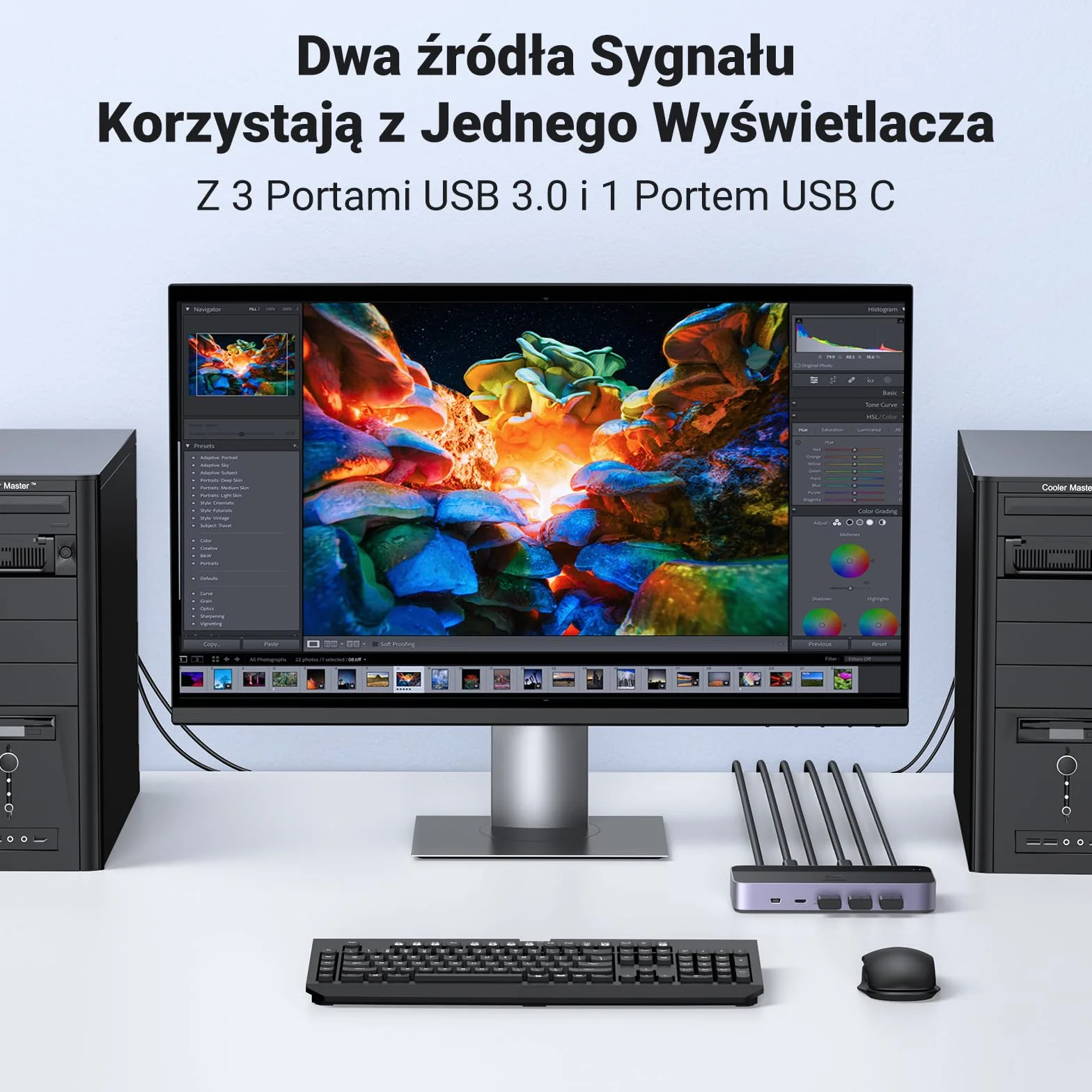 UGREEN HDMI 2.0 KVM Przełącznik 4K@60Hz USB 3.0 Przełącznik 4 porty USB (3*USB 3.0+USB C) Udostępnianie 1 Monitora i Klawiatury, Myszy, Drukarki, Dysku U na 2 PC z 2 USB kablami i 2 HDMI kablami.