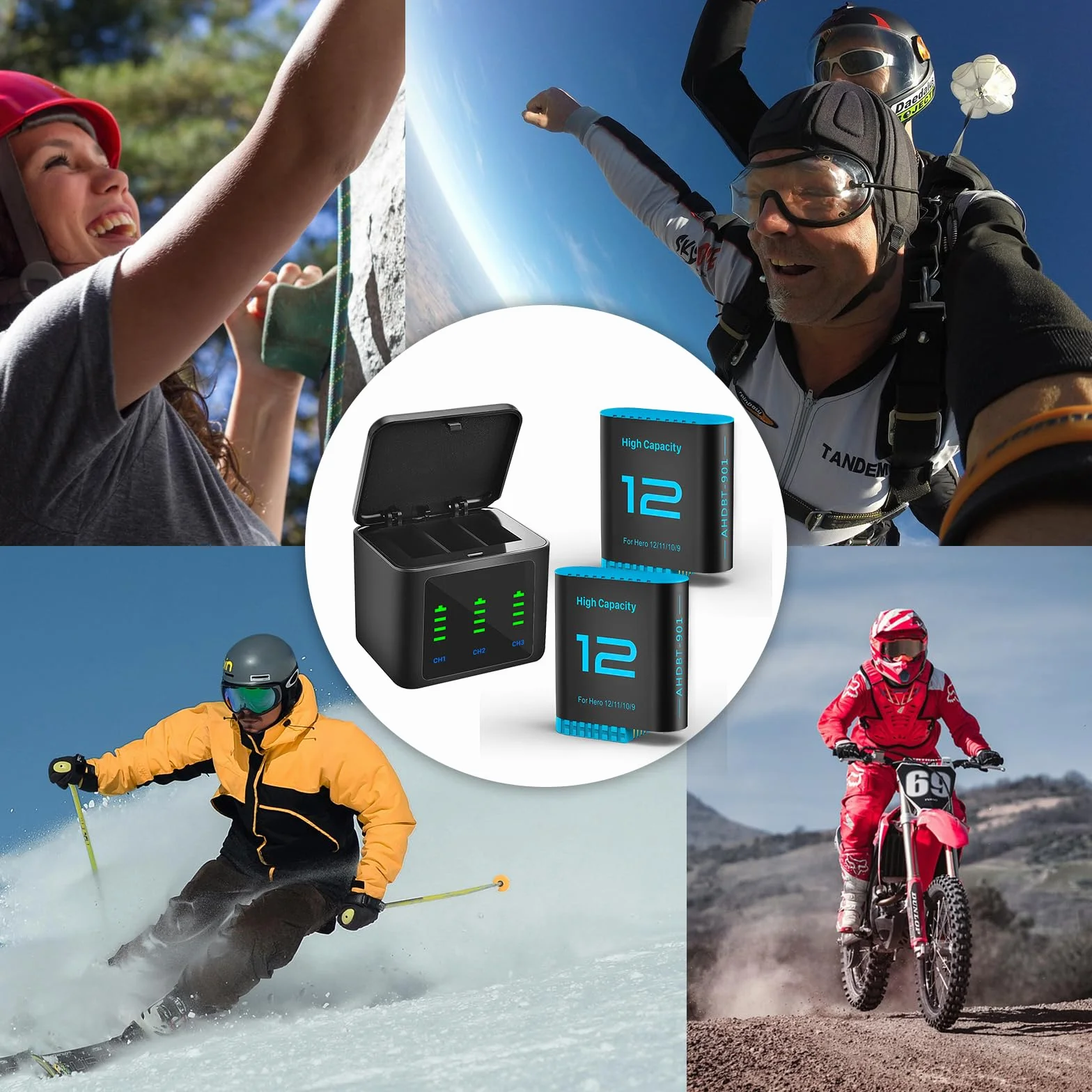 Hero12 zestaw 2 ładowarek akumulatorowych 2580 mAh, akumulator zamienny typu C, LED, trójkanałowa stacja ładująca do GoPro Hero 12 11 10 9 Black (ładowarka + 2 baterie)