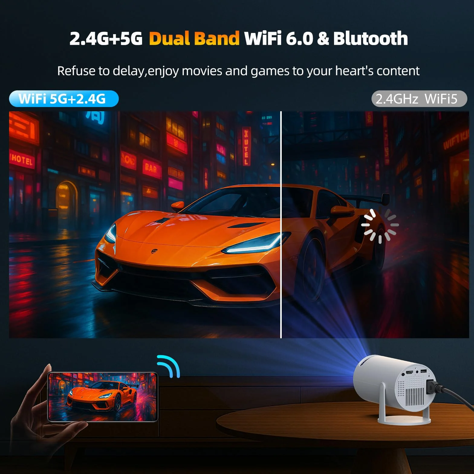Mini projektor 4K WiFi 6 BT 5.0 Android 11 automatyczny Keystone 220° przenośny HDMI USB