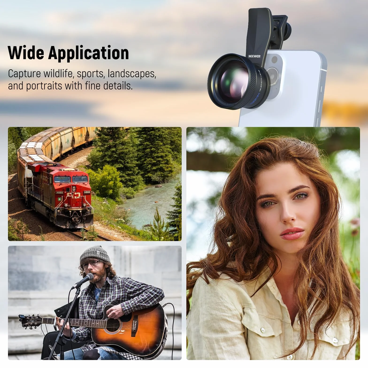 NEEWER Teleobiektyw 58 mm z 17 mm gwintowanym klipsem do aparatu telefonu, 6 elementów w 5 grupach, 2-krotne powiększenie, kompatybilny z iPhone Android Samsung do fotografii portretowej, LS-71