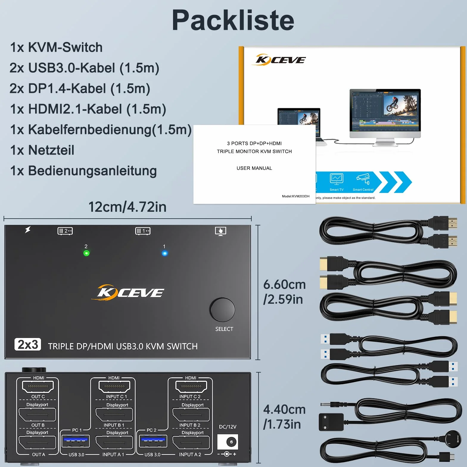 KVM Switch 2 Computers 3 Monitors 8K@60Hz 4K@144Hz, MLEEDA HDMI + 2 Displayport 3 Monitor KVM Switch 2 Computers Dzielenia 3 Monitors i 4 Porty USB 3.0, z Adapter Zasilania, Przewodowy Pilot i 5 Kable
