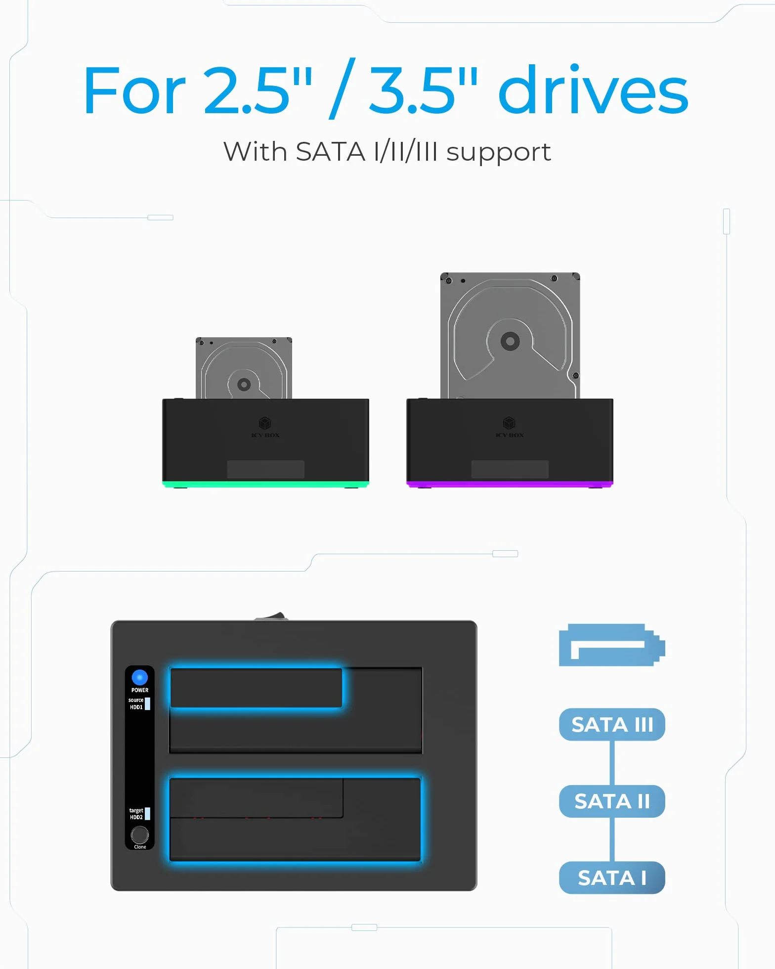 ICY BOX Stacja dokująca USB 3.0 2-drożna stacja dokująca do dysków twardych 2,5" i 3,5" SATA HDD/SSD, RGB, funkcja klonowania offline, USB-C & USB-A, UASP, IB-127CL-U3