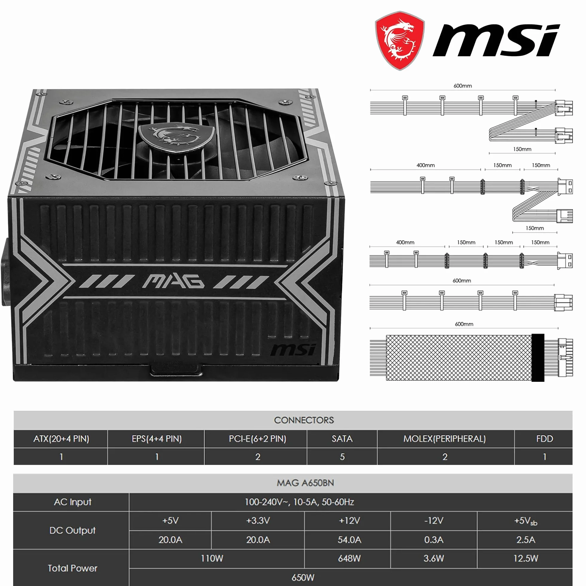 MSI MAG A650BNL zasilacz 650W 80 Plus Bronze ATX PSU
