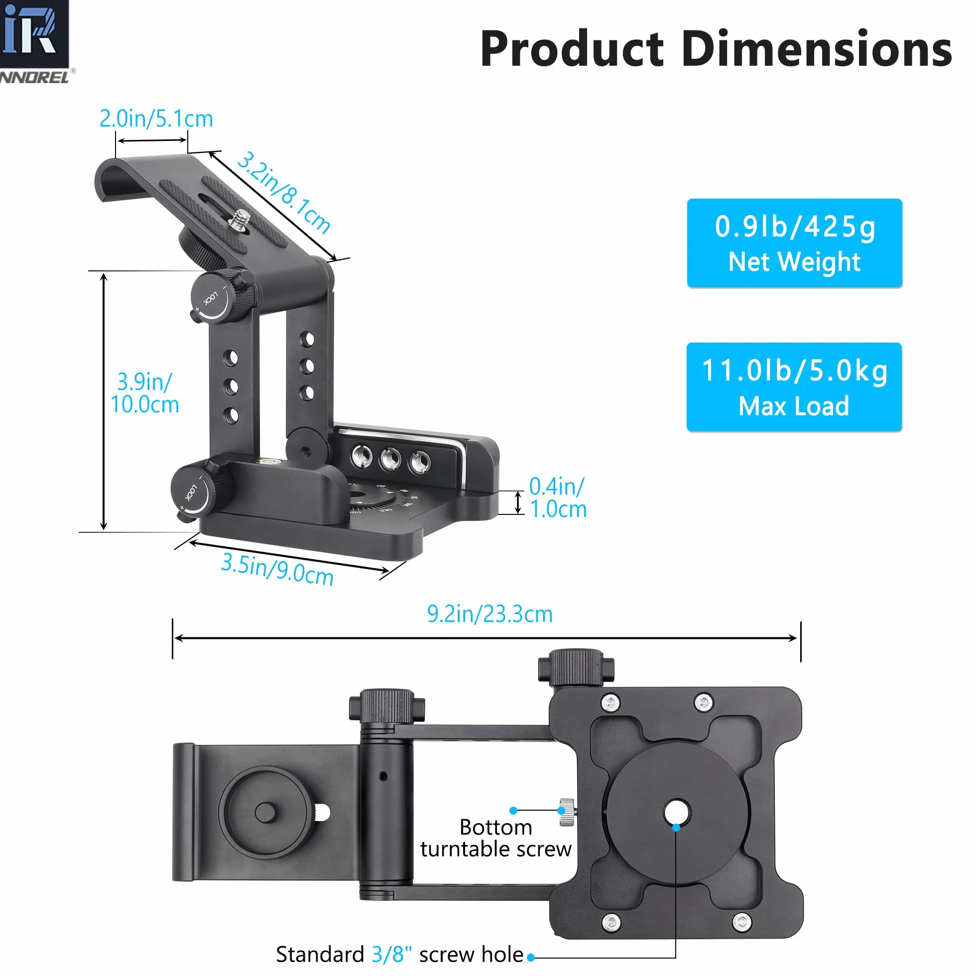 Głowica statywu uchylnego Z-Flex INNOREL ZH9 Elastyczna, składana głowica Z ze stopu aluminium CNC ze śrubami 1/4" i 3/8", Maksymalne obciążenie 5 kg z pokrętłem regulacji dla Canon Nikon Sony