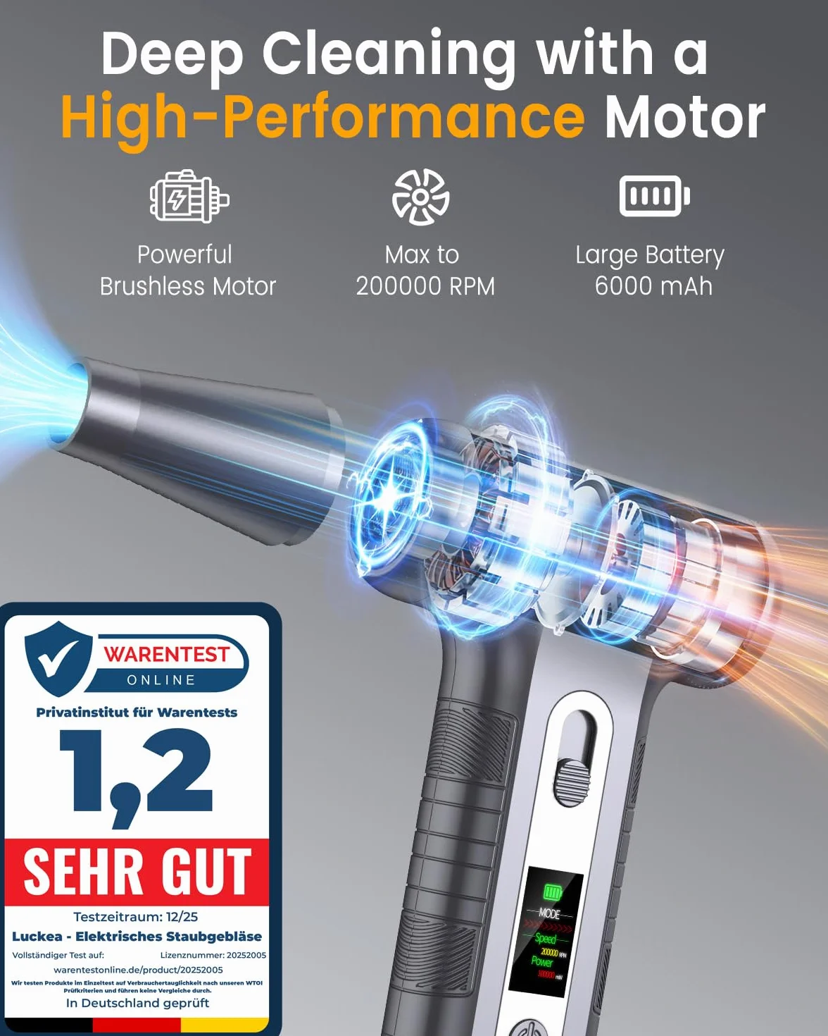 Elektryczna dmuchawa do kurzu z wyświetlaczem HD – Electric Air Duster 20 0000 obr./min ze światłem LED, mini dmuchawa z akumulatorem, sprężone powietrze do czyszczenia PC, dmuchawa powietrza do