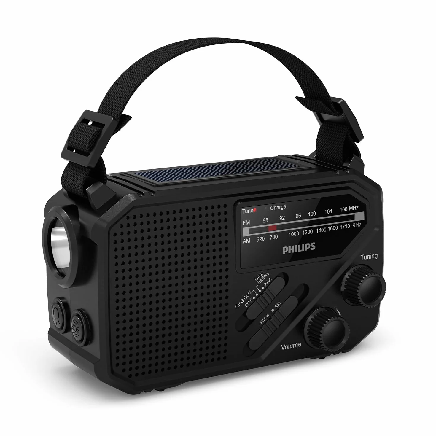 Philips TAR1659 Przenośne radio FM/AM z akumulatorem, korbą, lampą LED i latarką