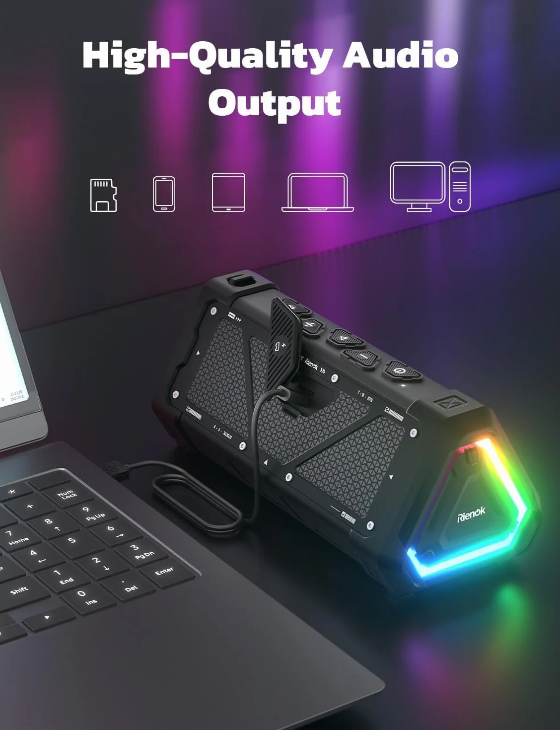 Głośnik Bluetooth 30 W przenośny wodoodporny IPX7 basowy ze światłem LED 24 godziny odtwarzania