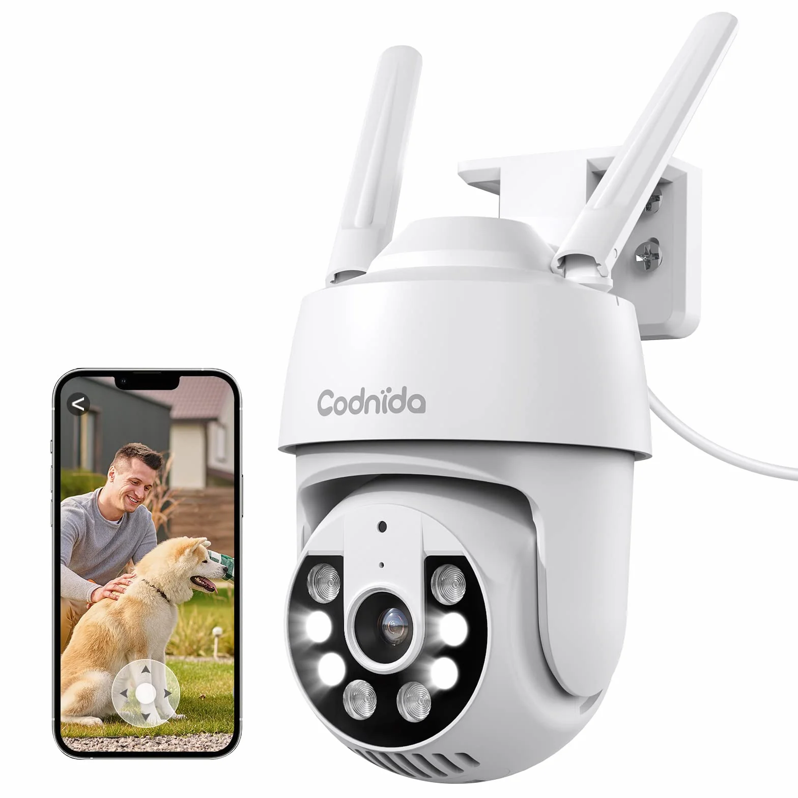 Codnida 2K kamera monitoringowa do użytku na zewnątrz, kamera Wi-Fi, 360° widok, 3MP, z 2-drożnym audio, automatyczne śledzenie, noktowizor w kolorze, alarm syrenowy, współpracuje z Alexa