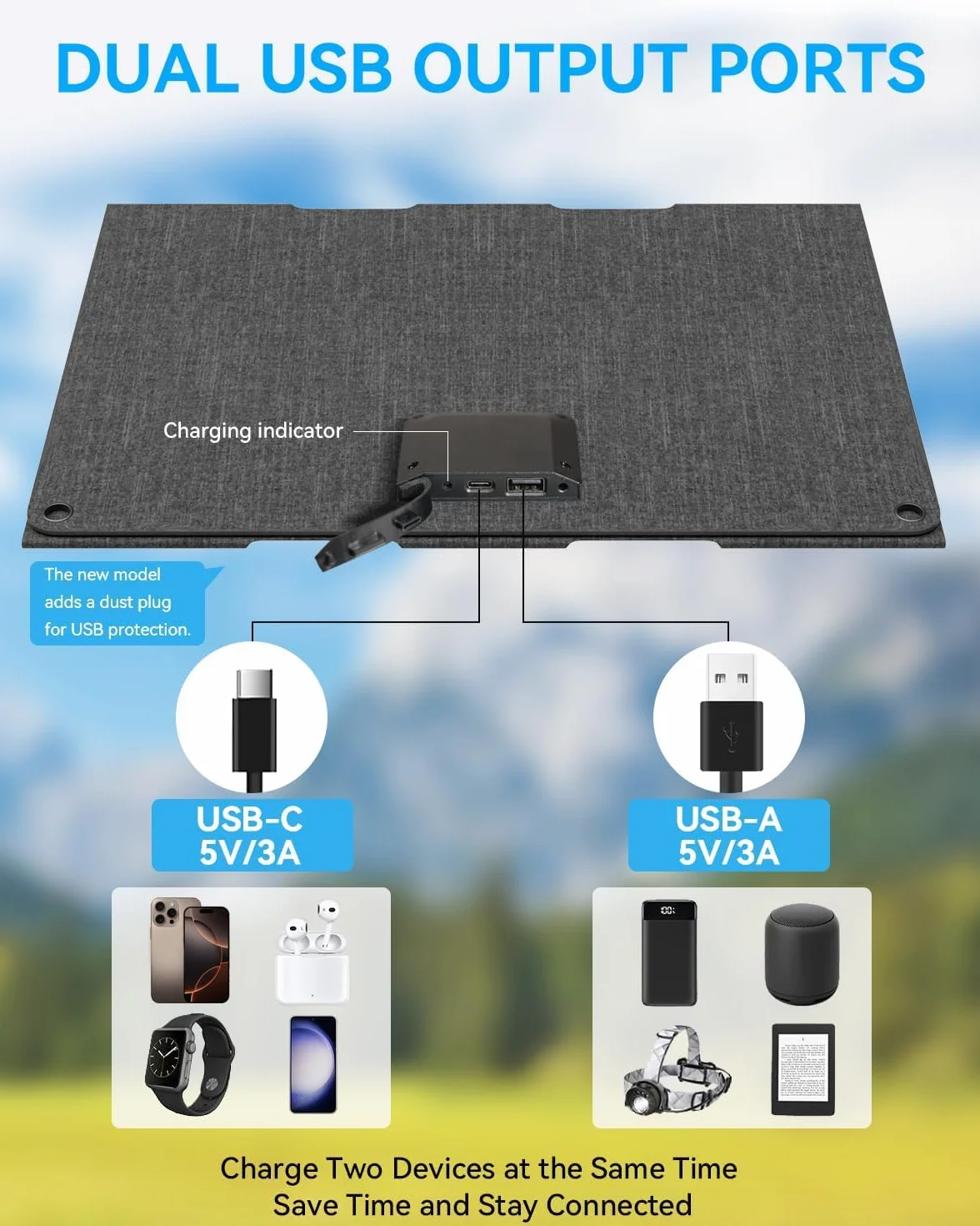 Ecosonique składany panel słoneczny 30 W, wodoszczelność IP67, ładowarka solarna USB-A USB-C do telefonu komórkowego, stacja zasilająca, na kemping z plecakiem, kompatybilna z telefonami komórkowymi
