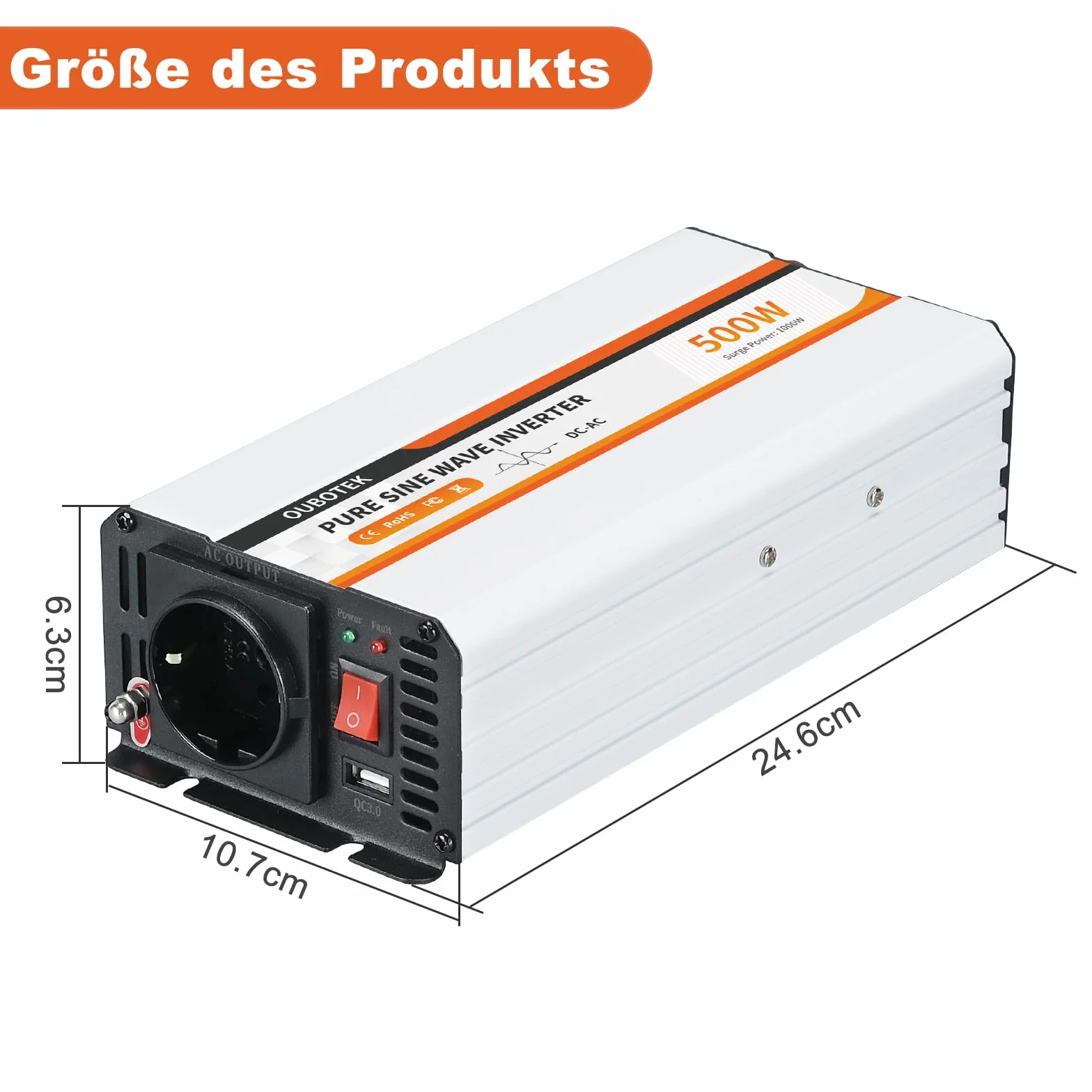 Falownik 500 W / 1000 W, przetwornica napięcia 12 V na 230 V, czysty sinus, samochodowy przetwornik napięcia z przyłączem USB i gniazdami EU, do kampera, samochodu, solarnego