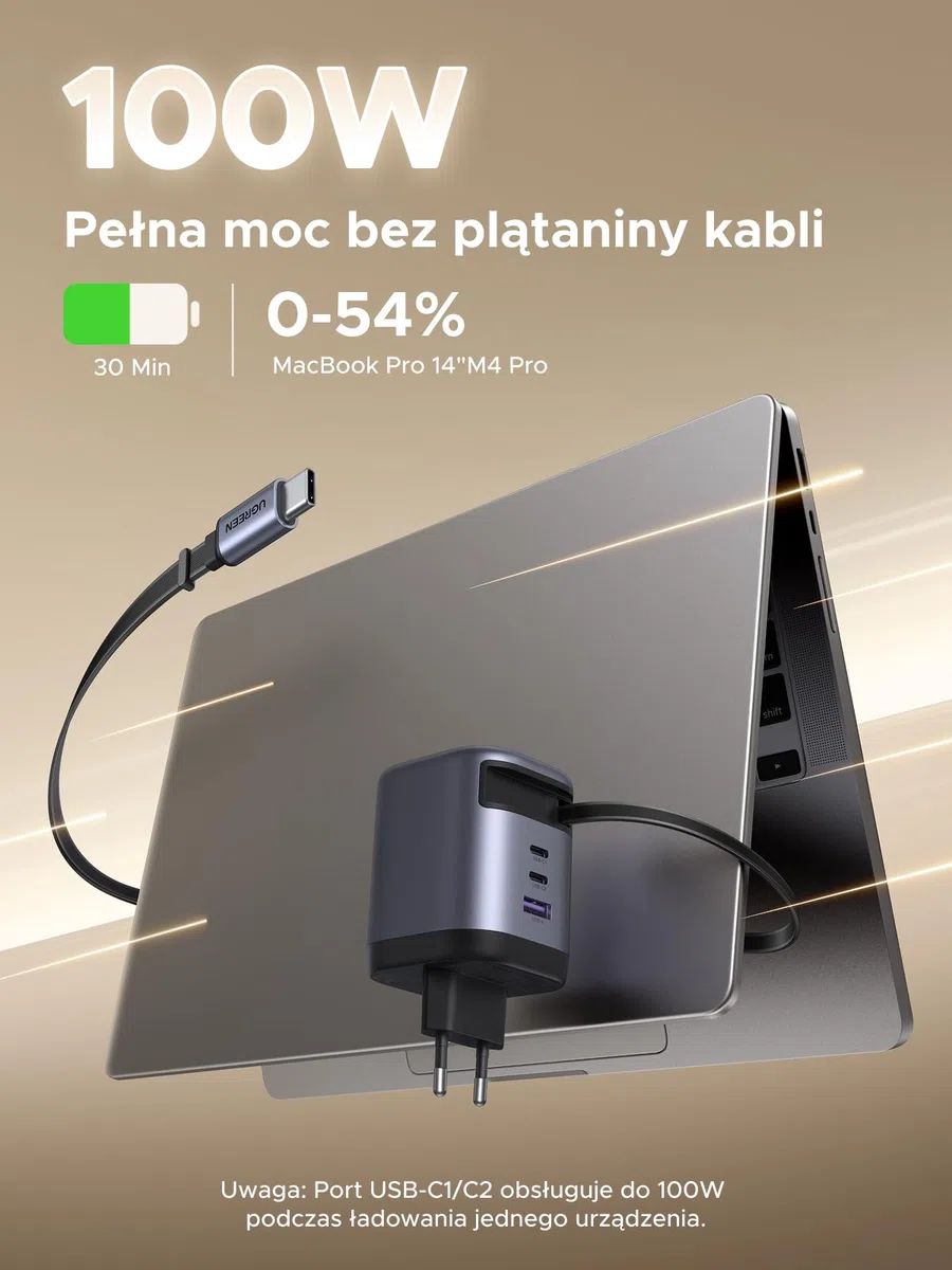 UGREEN Nexode Ładowarka USB-C 100W z chowanym kablem, 4-portowy zasilacz GaN ładowania laptopa, kompatybilna z MacBookiem Pro/Air, serią Galaxy S-A, iPhone'em 16-8, iPadami