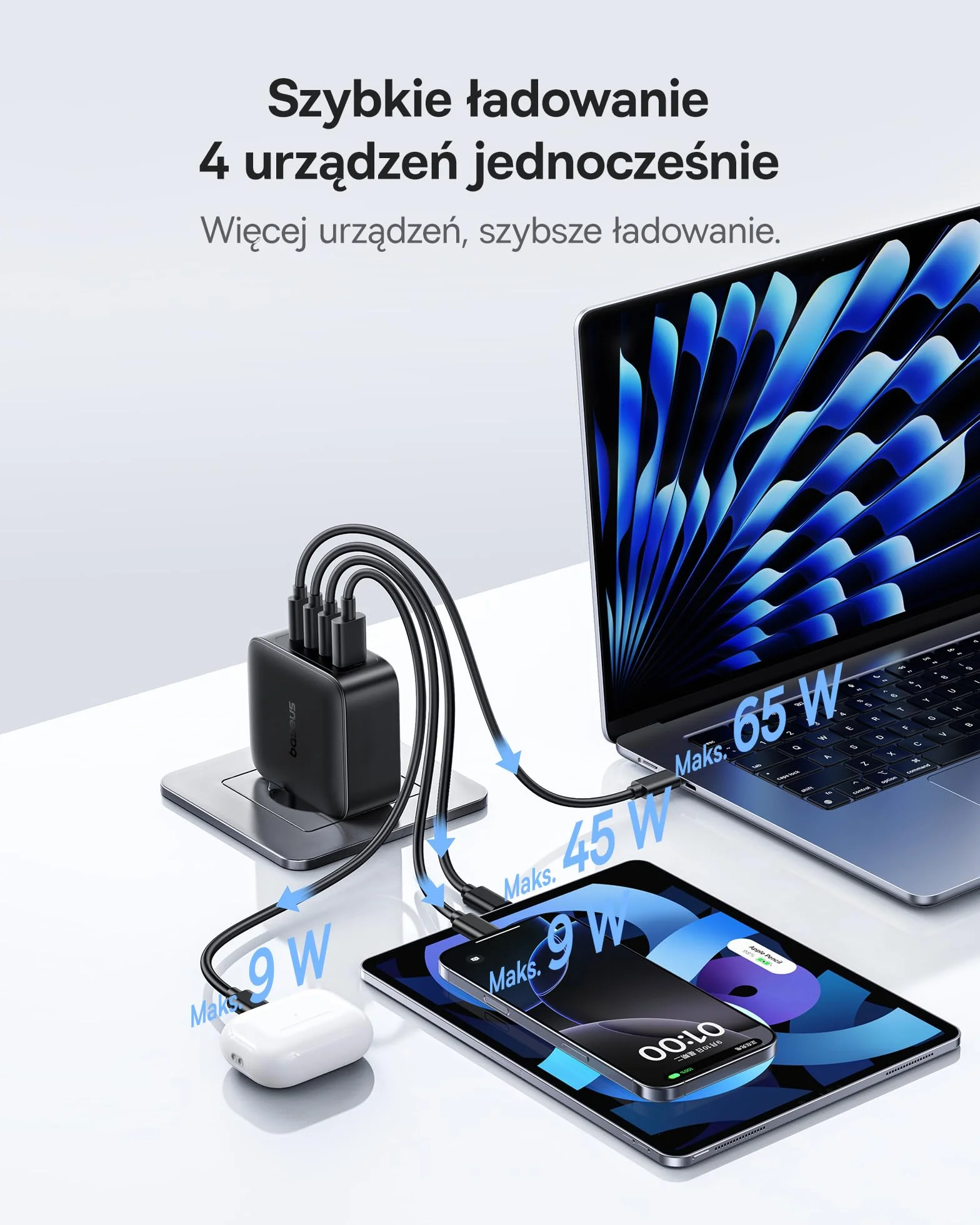 Baseus Enerfill Ładowarka USB C 140W, 4-Portowy Zasilacz USB C, Ładowarka PD Z PPS, GaN Szybka Ładowarka Kompatybilna Z MacBook Pro/Air, IPad, Laptopem, iPhone 17/16/15/14/13/12, Galaxy S25
