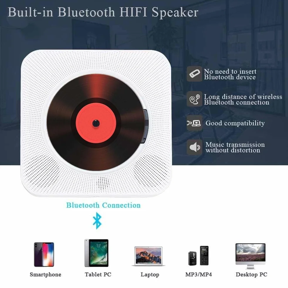 Przenośny odtwarzacz CD Bluetooth Boombox HiFi z pilotem biały