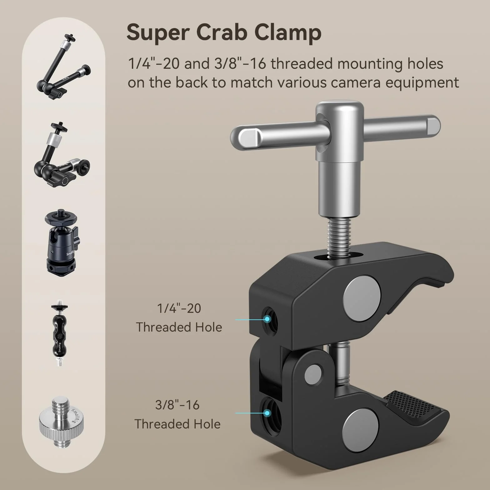 SMALLRIG Magic Arm, Clamp w/ 1/4" and 3/8" Thread 10-calowe magiczne ramię z Super Clamp Duży zacisk szczypiec do Monitor/LED Lights - KBUM2732B