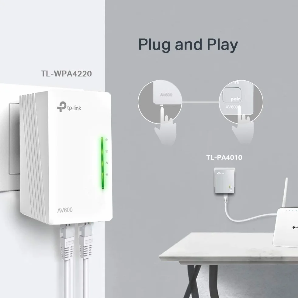TP-Link TL-WPA4220 ZESTAW AV600 Wi-Fi N300 WiFi Powerline (maksymalna moc 600 Mb / s, maks. 300 Mb / s 2,4 GHz Wi-Fi, Plug and Play, kompatybilny ze wszystkimi adapterami Powerline, zestaw 2), biały