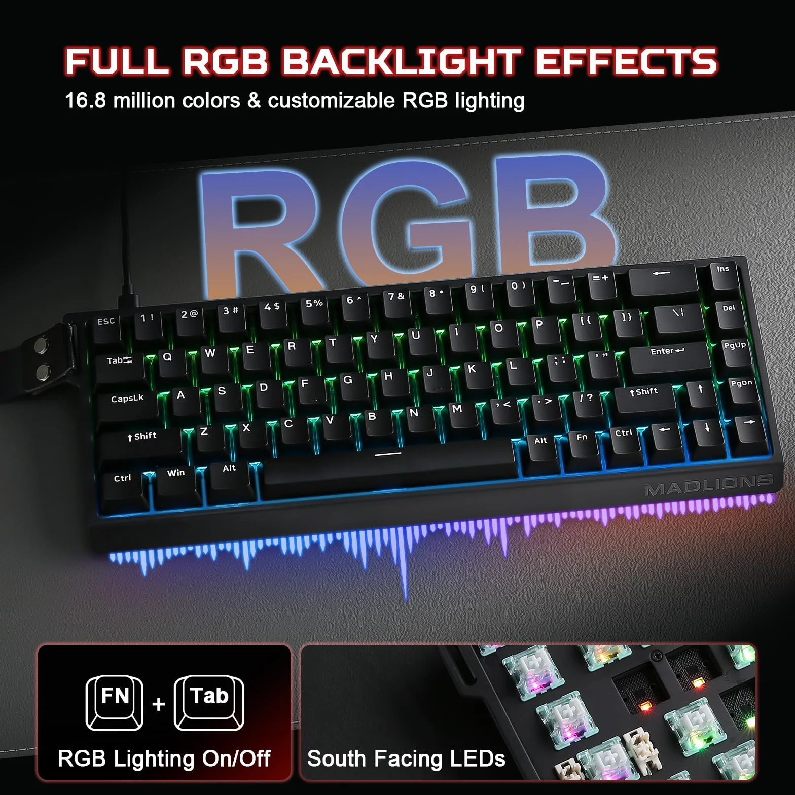 YUNZII x MADLIONS MAD68 HE Rapid Trigger Przewodowa Magnetyczna Mechaniczna Klawiatura Gamingowa 60% z Przełącznikami Hall Effect o Regulowanej Aktywacji, PBT Keycaps RGB Hot-Swap