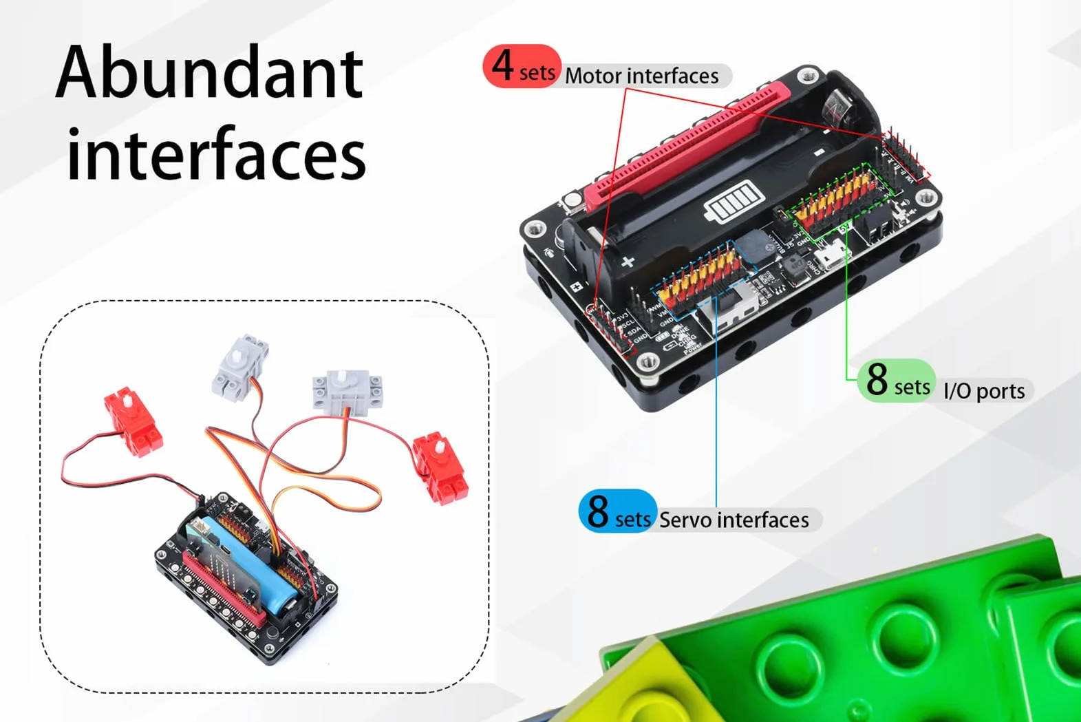 RobotBit karta rozszerzeń Micro:bit z PCA9685, napędy silnika i serwo, diody RGB LED, rozpoznawanie dźwięku i zarządzanie baterią 18650 do projektów robotyki