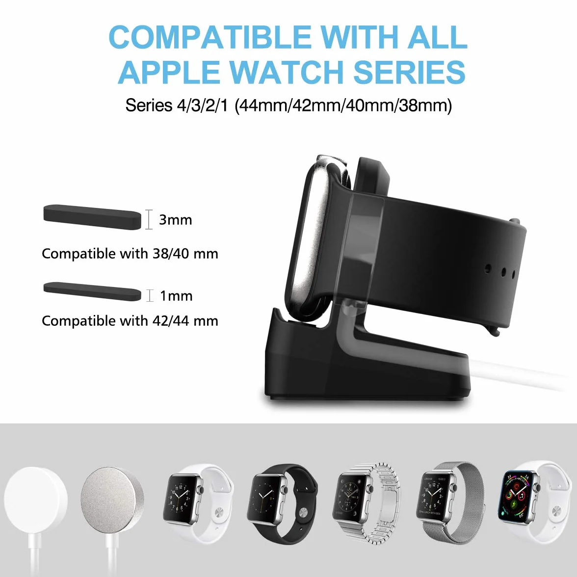 Cozycase Stacja ładująca kompatybilna z Apple Watch Series 9/8/7/SE/Series 6/Series 5/Series 4/Series 3/Series 2/Series 1, uchwyt stacji dokującej do 38/40/41/42/44/45mm (czarna)