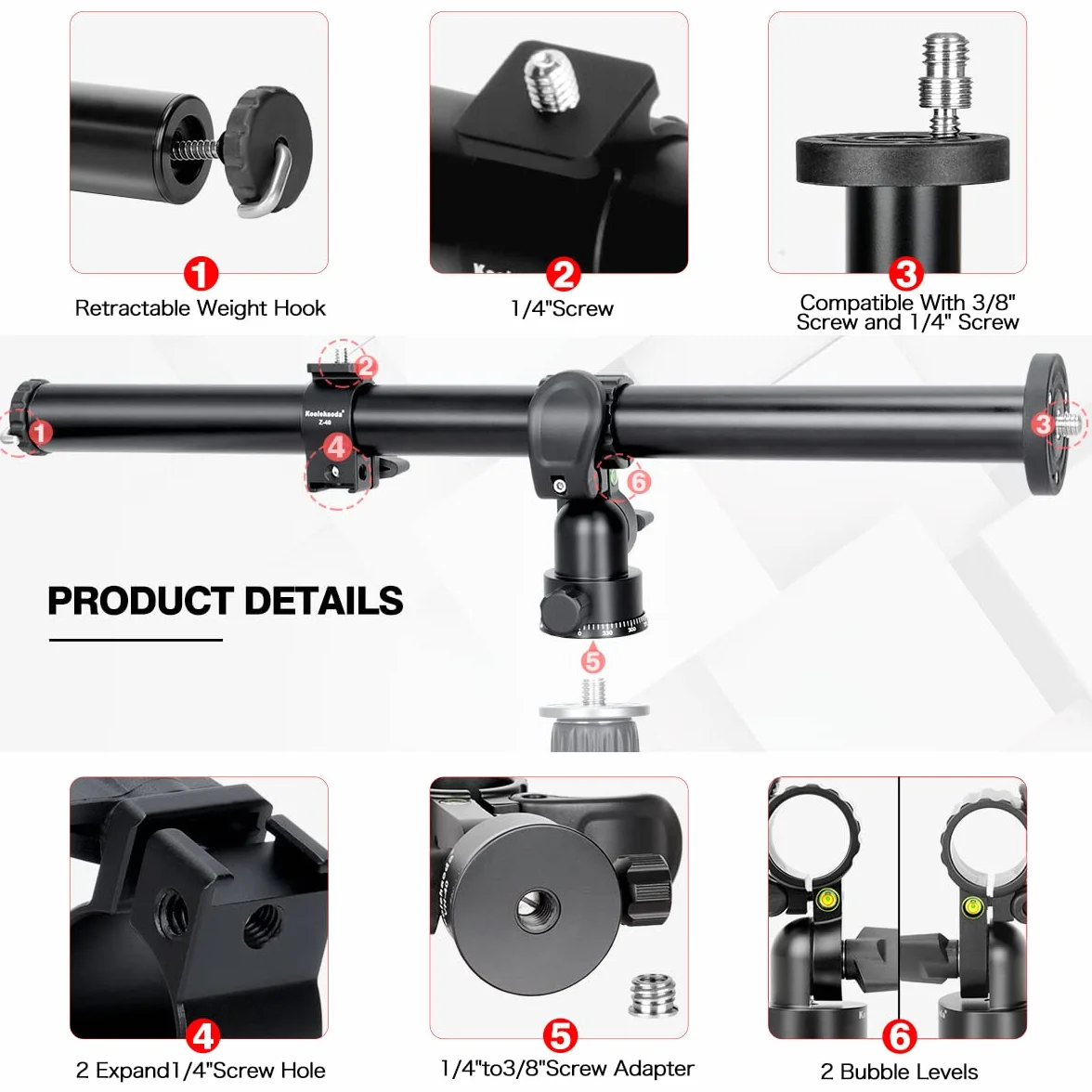 Koolehaoda 84cm ramię przedłużające statywu aluminiowe 2 sekcje obrót 360° obciążenie 10 kg