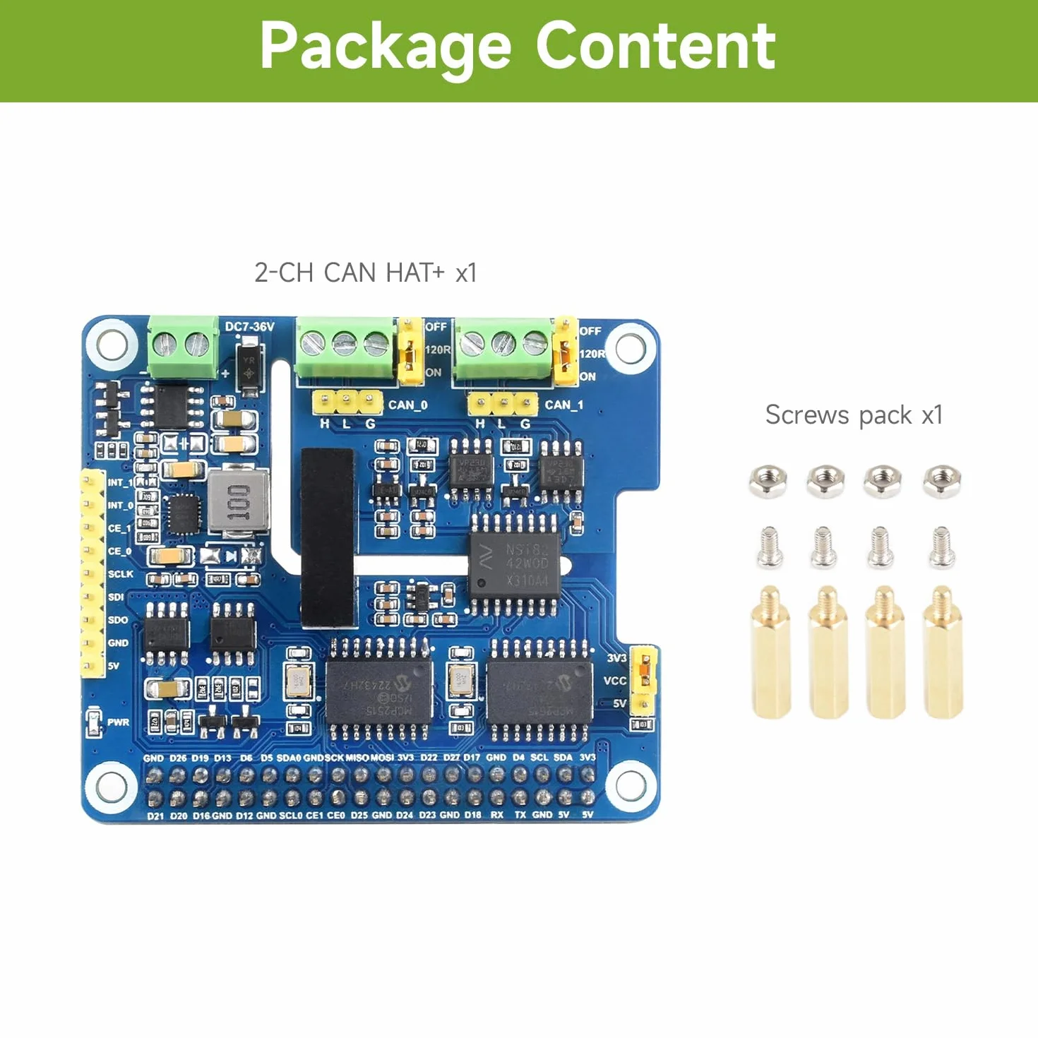 Waveshare 2-Channel Isolated CAN Bus Expansion HAT+ for Raspberry Pi, 7-36V Wide Input, Dual Chips, Stackable