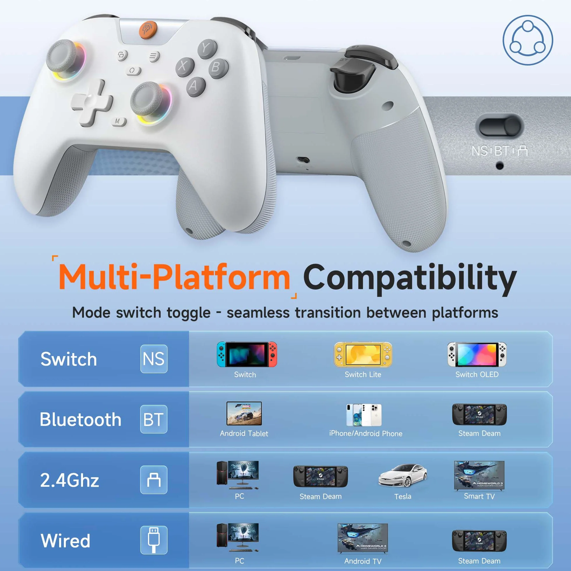 EasySMX X05 Bezprzewodowe kontrolery do komputera z RGB/wibracjami, joystickiem halowym, kontrolerem Bluetooth PC dla graczy/przełączników/telefonów komórkowych/Android/iOS/Android TV Box, 750 mAh