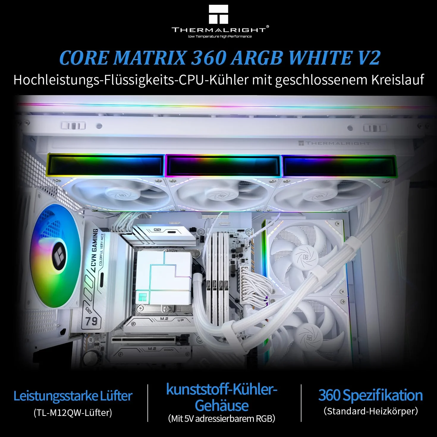 Thermalright Core Matrix 360 ARGB White V2 Chłodzenie CPU firmy, 360mm AIO, efekt świetlny nieskończonego lustra, prostokątna głowica pompy, kompatybilne z AMD/AM4/AM5, Intel LGA1851/1700/115x/1200
