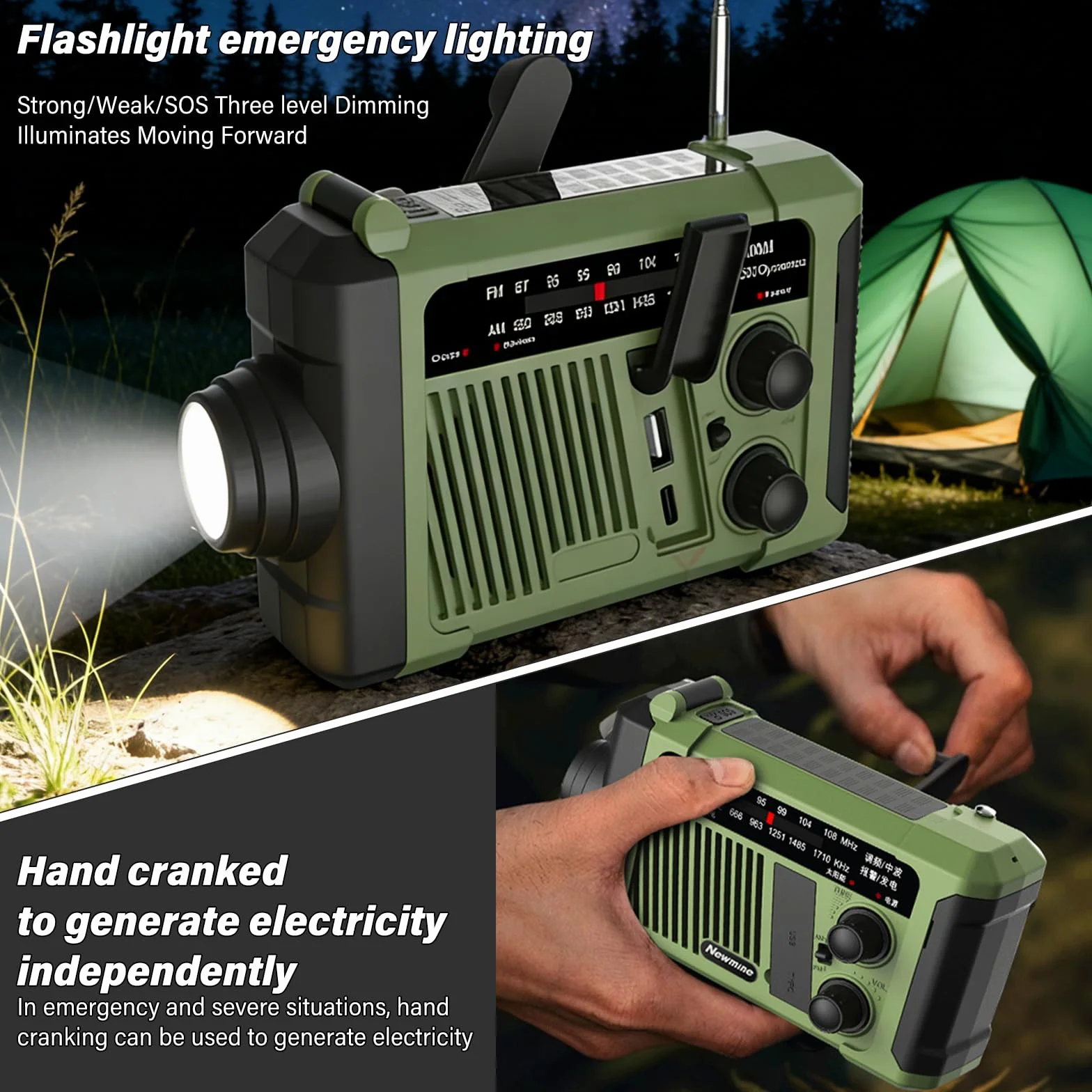 Radio korbowe, 1800 MA, radio awaryjne, solarne radio z korbą, do użytku na zewnątrz, na kemping, w sytuacjach awaryjnych, SOS, wytwarzanie prądu za pomocą korbki ręcznej, zielone (160 x 96 x 56 mm)