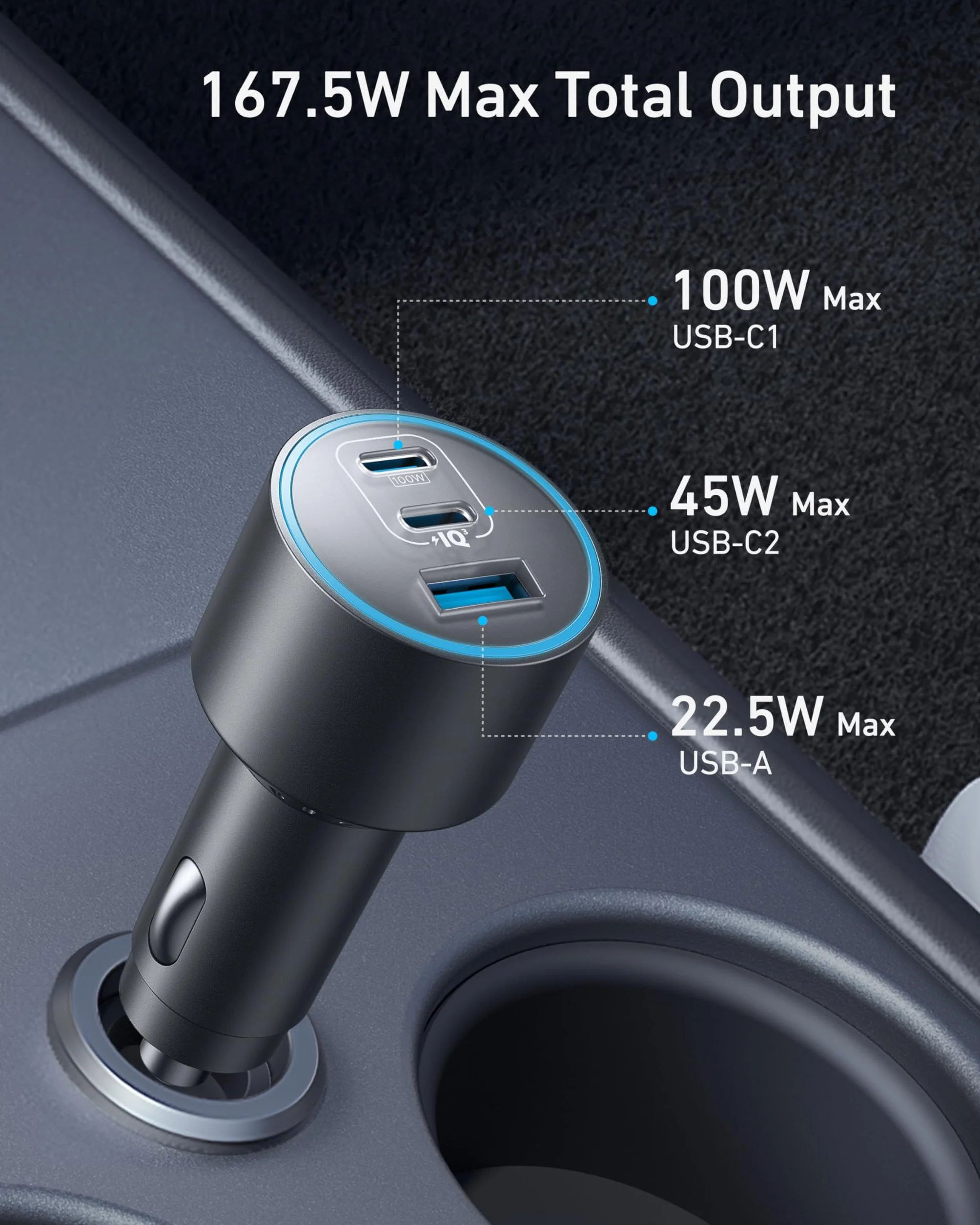 Anker Ładowarka samochodowa USB-C 167,5W 3-portowa ultrakompaktowa szybka do MacBook Pro/Air iPhone 15/14/13 Samsung S24/S23 iPad Pro AirPods