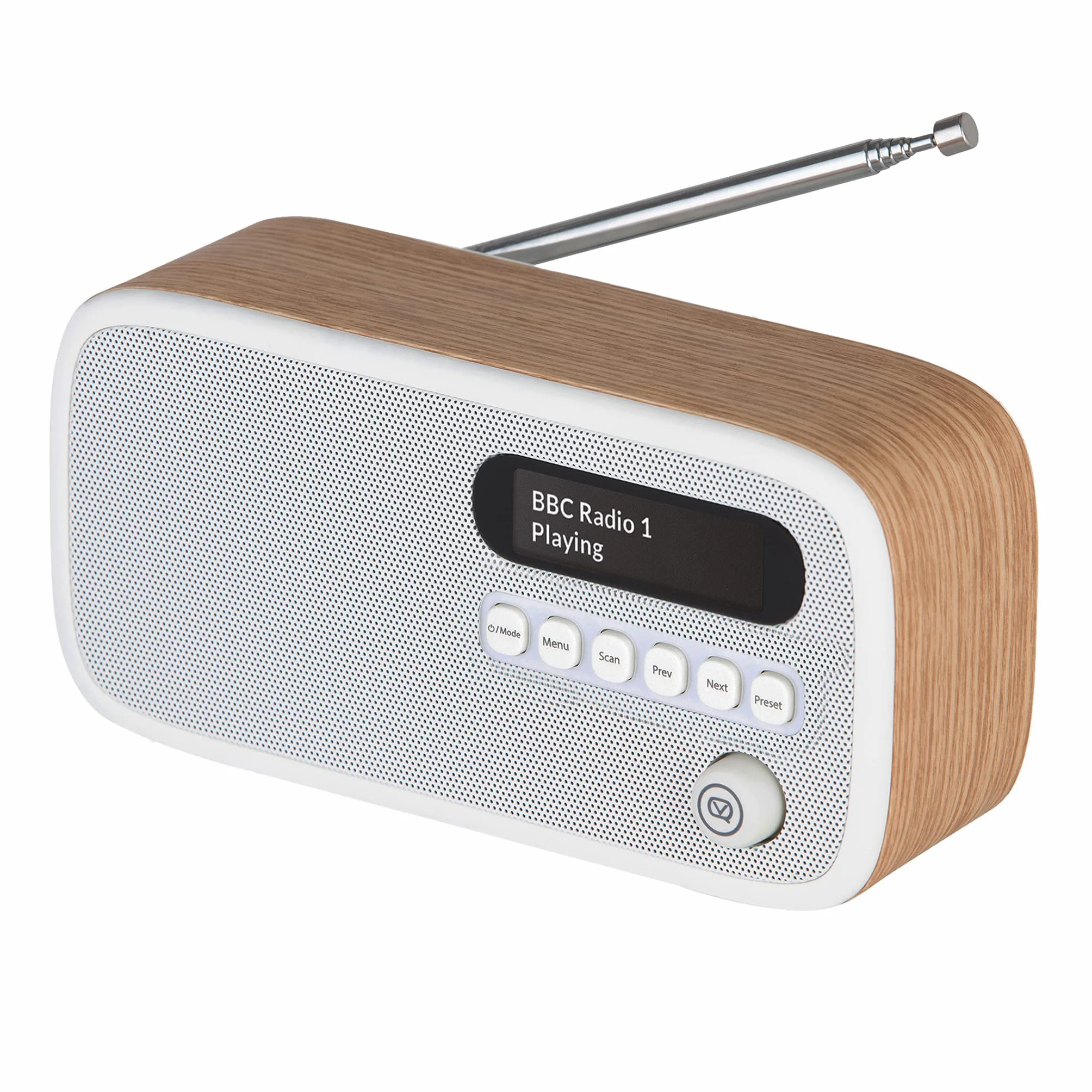 VQ Dexter Radio DAB Plus/DAB z FM, Głośniki Stereo 3W i Wyświetlacz LCD - Zasilane z Prądu i Baterii, Przenośne Radio z 60 Zapamiętanymi Stacjami, Anteną i Gniazdem Słuchawkowym - Dąb