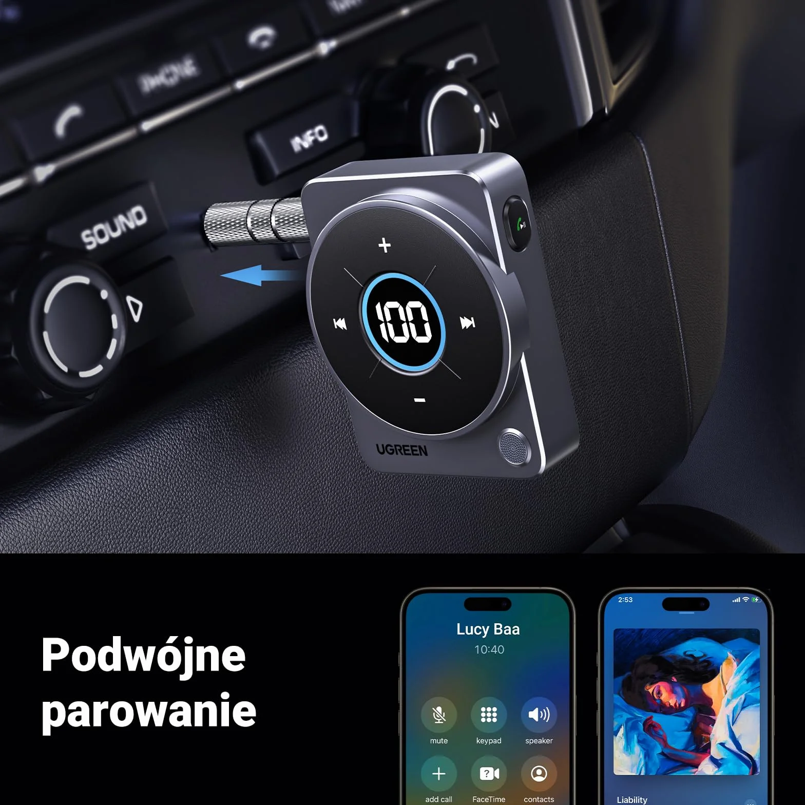 UGREEN Adapter Aux Bluetooth 5.4 do samochodowego adaptera Aux Bluetooth jack 3,5 mm, zestaw głośnomówiący z odbiornikiem Bluetooth 20 godzin odtwarzania dla radia samochodowego/systemu stereo