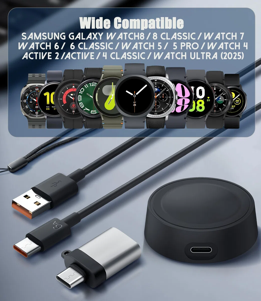 Kabel do ładowania kompatybilny z Samsung Galaxy Watch 8/8 Classic/Watch 7/Ultra/6/6 Classic/5/5 Pro/4/4 Classic/3/Active/Active 2, magnetyczna stacja ładująca, ładowarka z adapterem USB A na