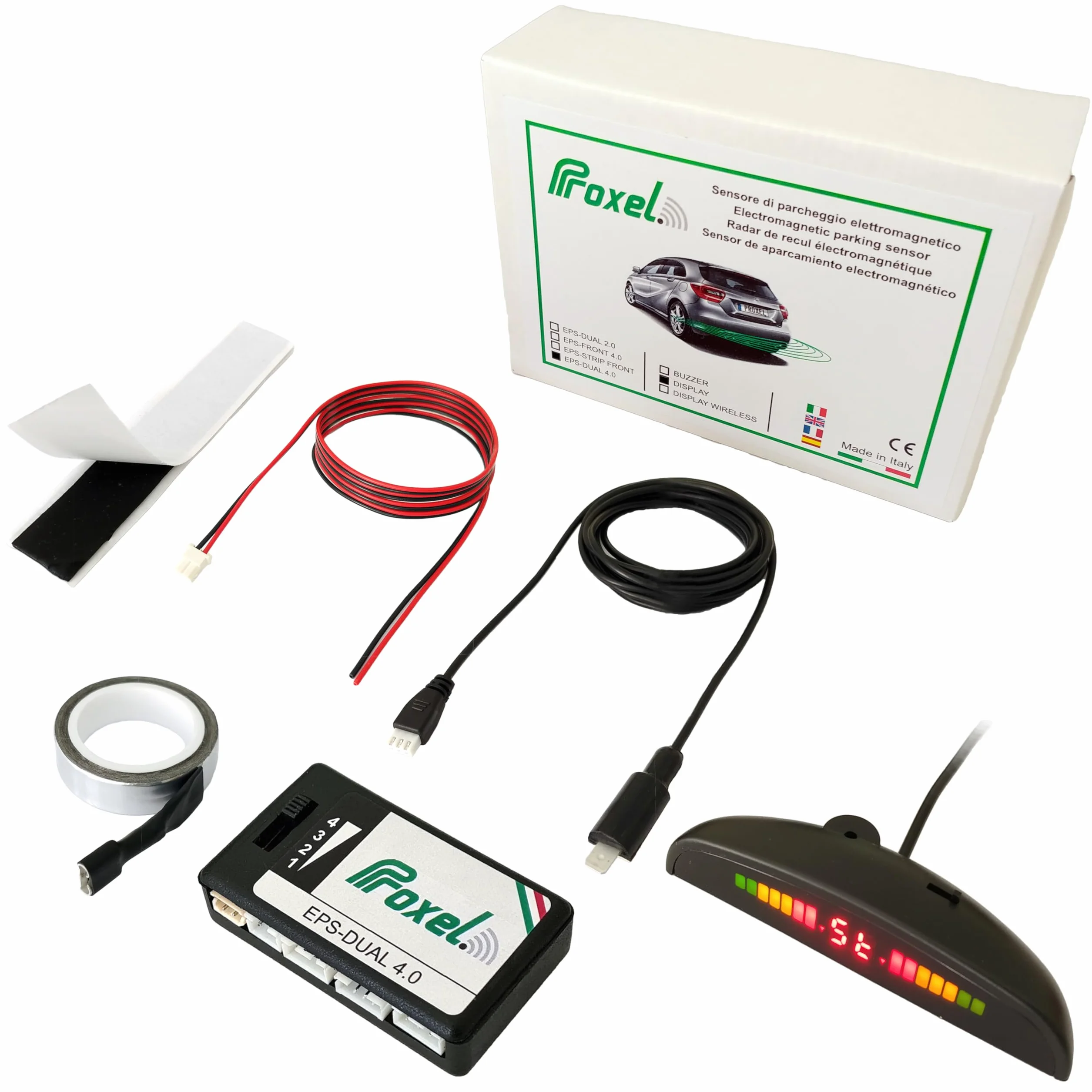 Proxel - Niewidzialne elektromagnetyczne czujniki parkowania, tył, EPS-DUAL 4.0 z wyświetlaczem, bez wiercenia w zderzaku, uniwersalny i oryginalny zestaw