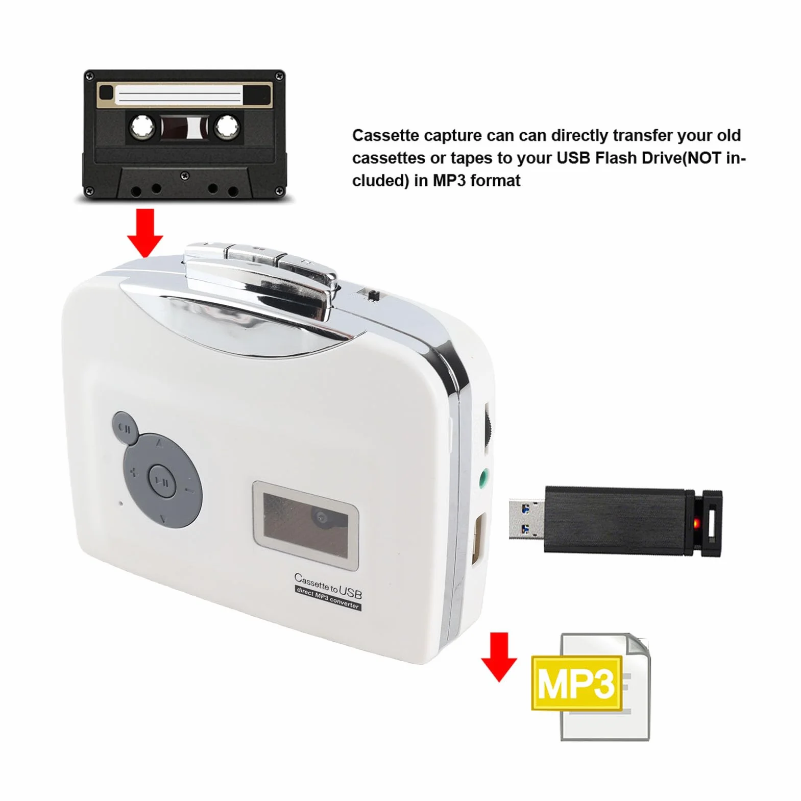 VBESTLIFE Przenośna taśma kasetowa na konwerter MP3, dysk flash USB, odtwarzacz muzyczny, konwerter taśmy na pamięć USB w formacie MP3, nie wymaga komputera